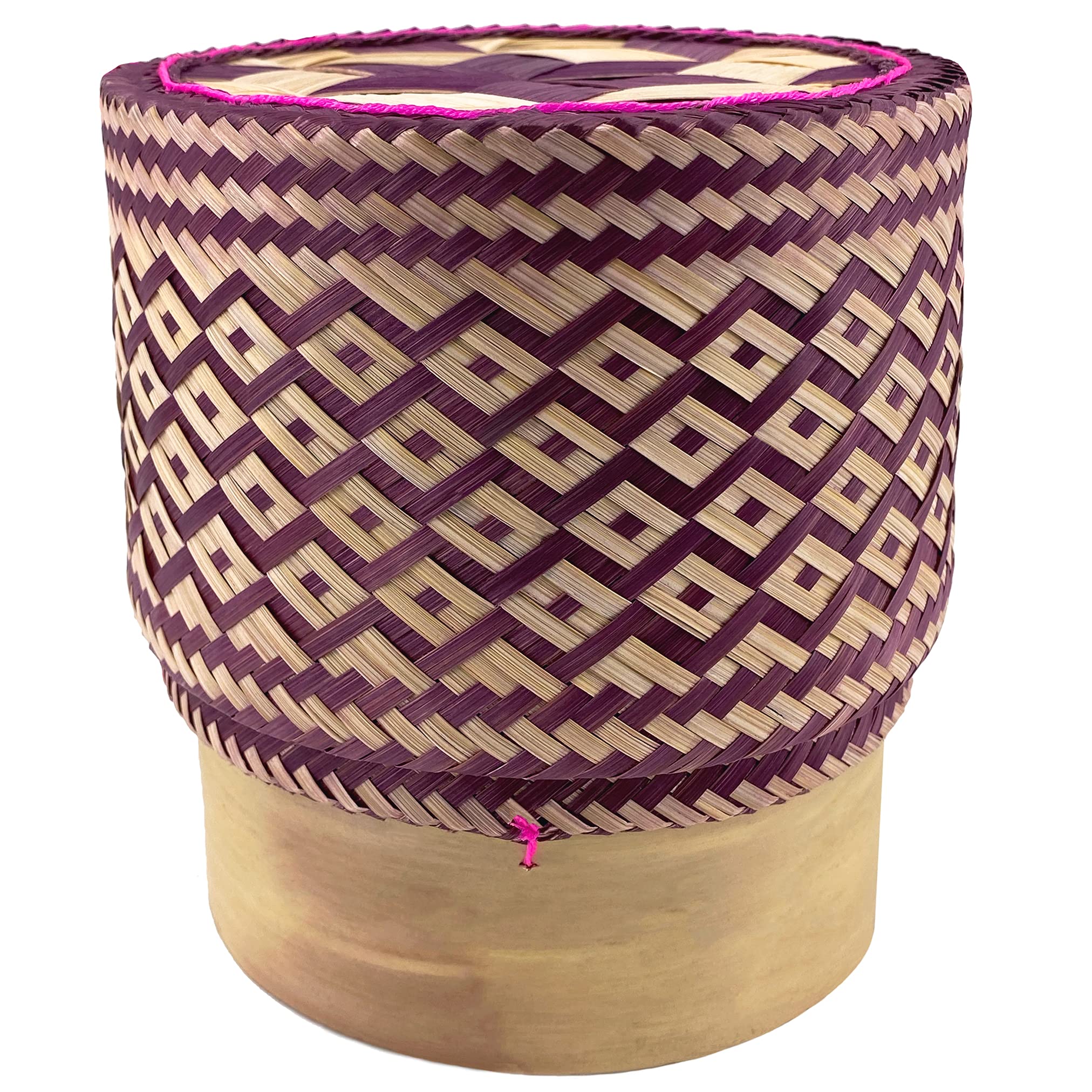 Bamboo Sticky Rice Serving Basket Handmade 100% Eco-Friendly Thai Kratip Container Beetroot Toned Wickerwork with Vegetable Based Dye - Food Safe- Family Size