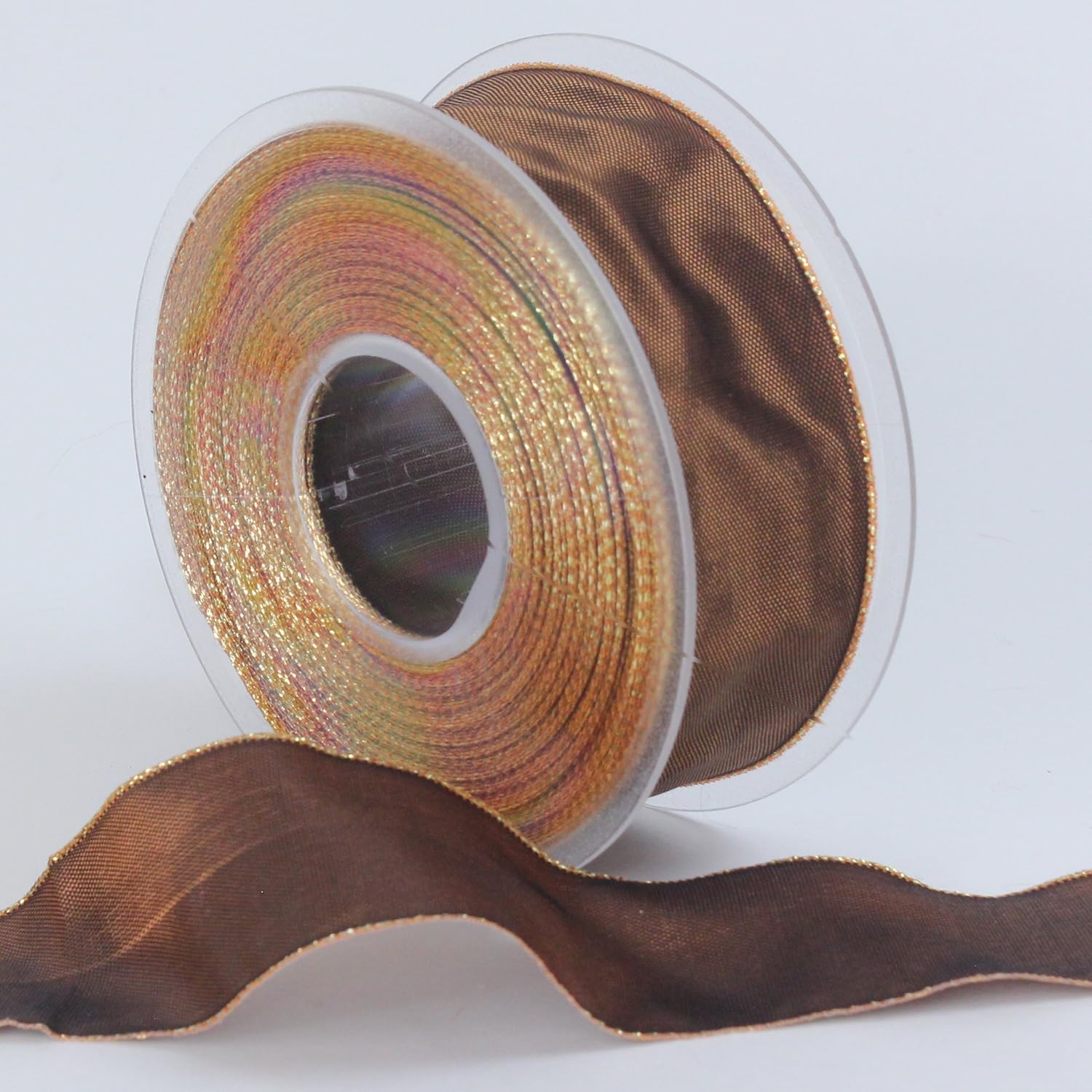 Decoration ribbon with lurex taffeta gift ribbon with a wired edge 40mm wide, 1 roll at 25m each (dark brown)