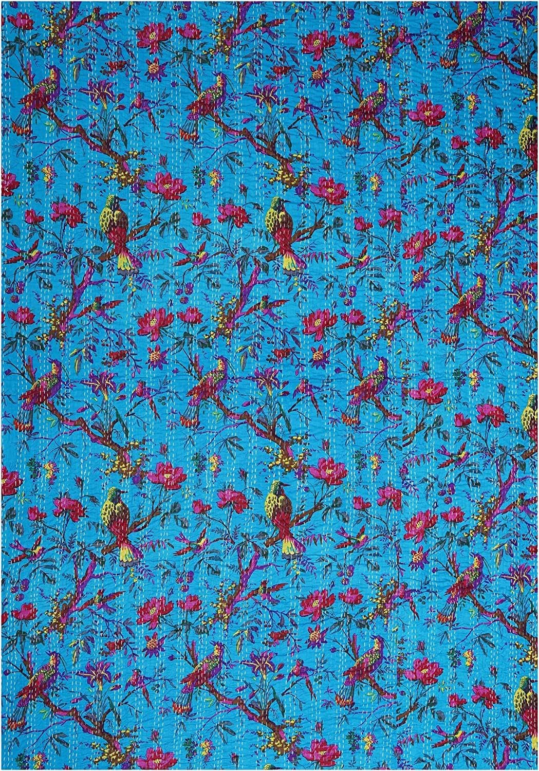 Handmade Bohemian Bird Print Cotton Kantha Quilt Beach Blanket Hippie Bedspread for Living Room Home Dorm Decor Bedding Throw Sky Blue 90" x 108"