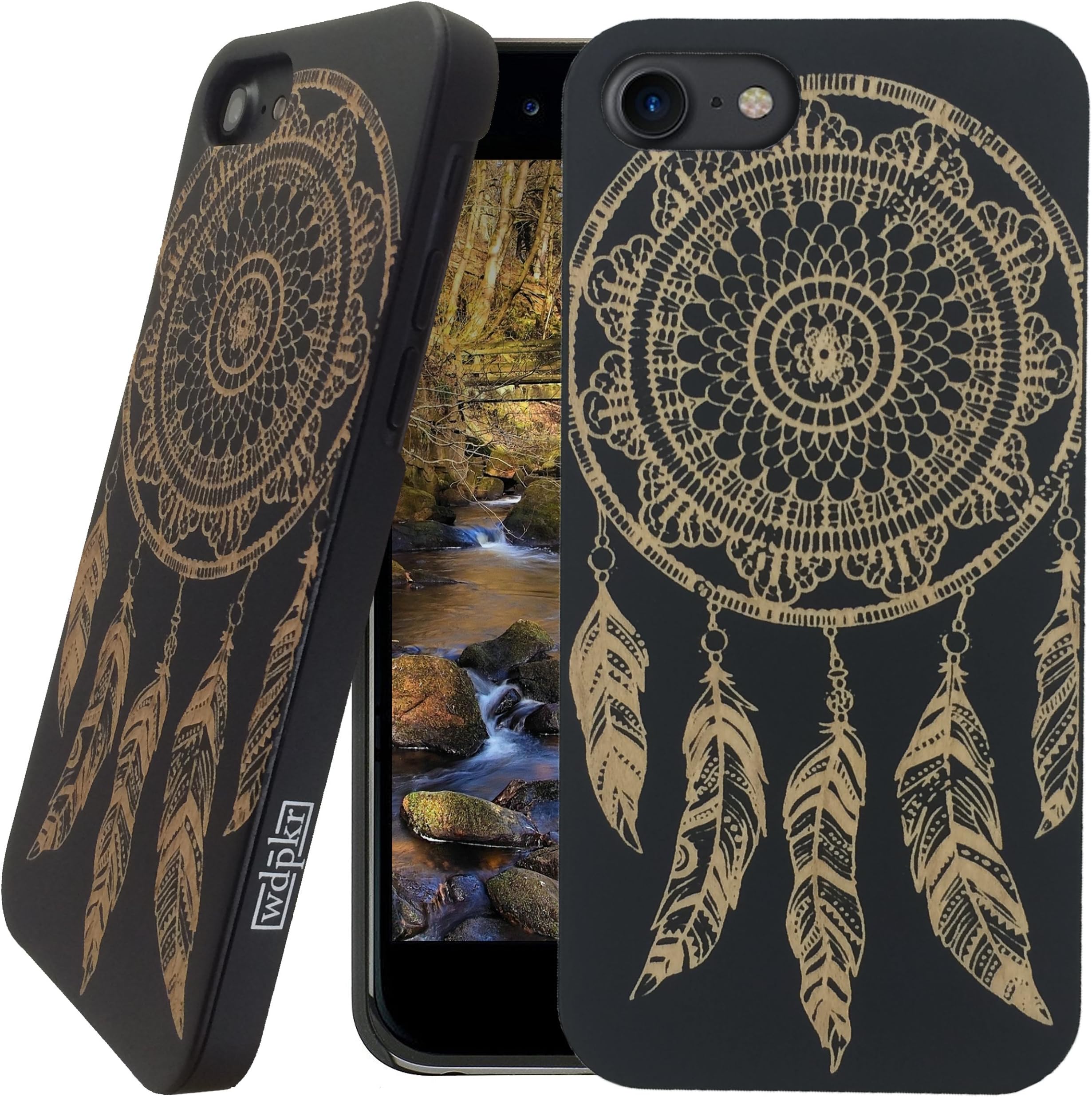 Wood iPhone Case - iPhone 7 / Wood iPhone 7 Case - WDPKR Wooden Phone Cover - Unique High Contrast Black Painted Wood Bumper Accessory for Apple iPhone 7 (Dream Catcher)