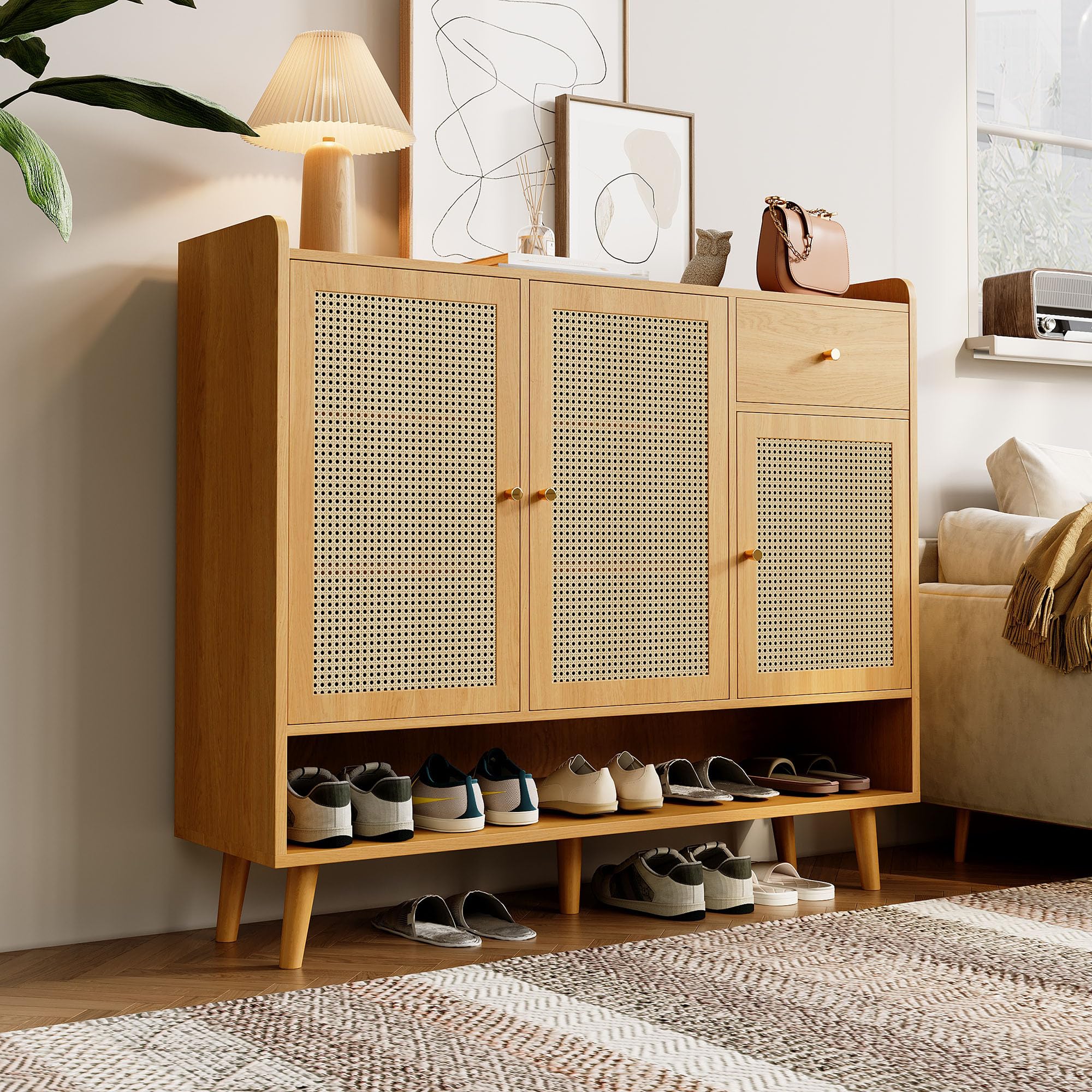 MURUL Zapatero de ratán natural, 120 x 106 x 35 cm, 3 puertas, 1 cajón, 5 estantes, para pasillo, mango de metal, patas de madera maciza