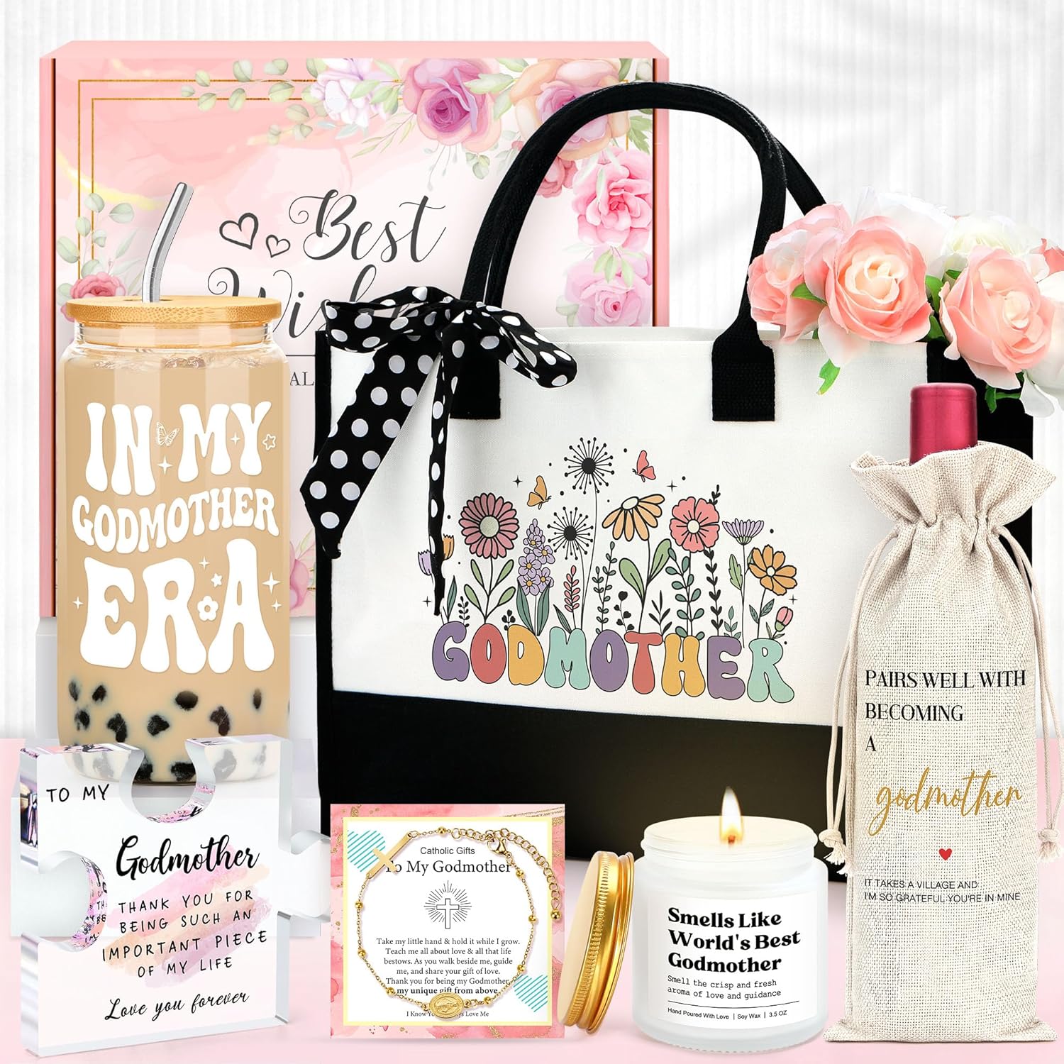 Godmother Proposal Gift Will You Be My Godmother Gift Ideas God Mother Gifts for Women Birthday God Mommy Proposal Gifts from Godchild Fairy Godmom Accessories Include Tote Bag, Glass Cup, Wine Bag