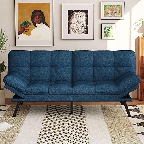 Miniatura 14 de Vyfipt Sofá cama tipo futón, sofá pequeño de espuma viscoelástica de piel sintética para sala de estar, sofá biplaza moderno con reposabrazos Negro