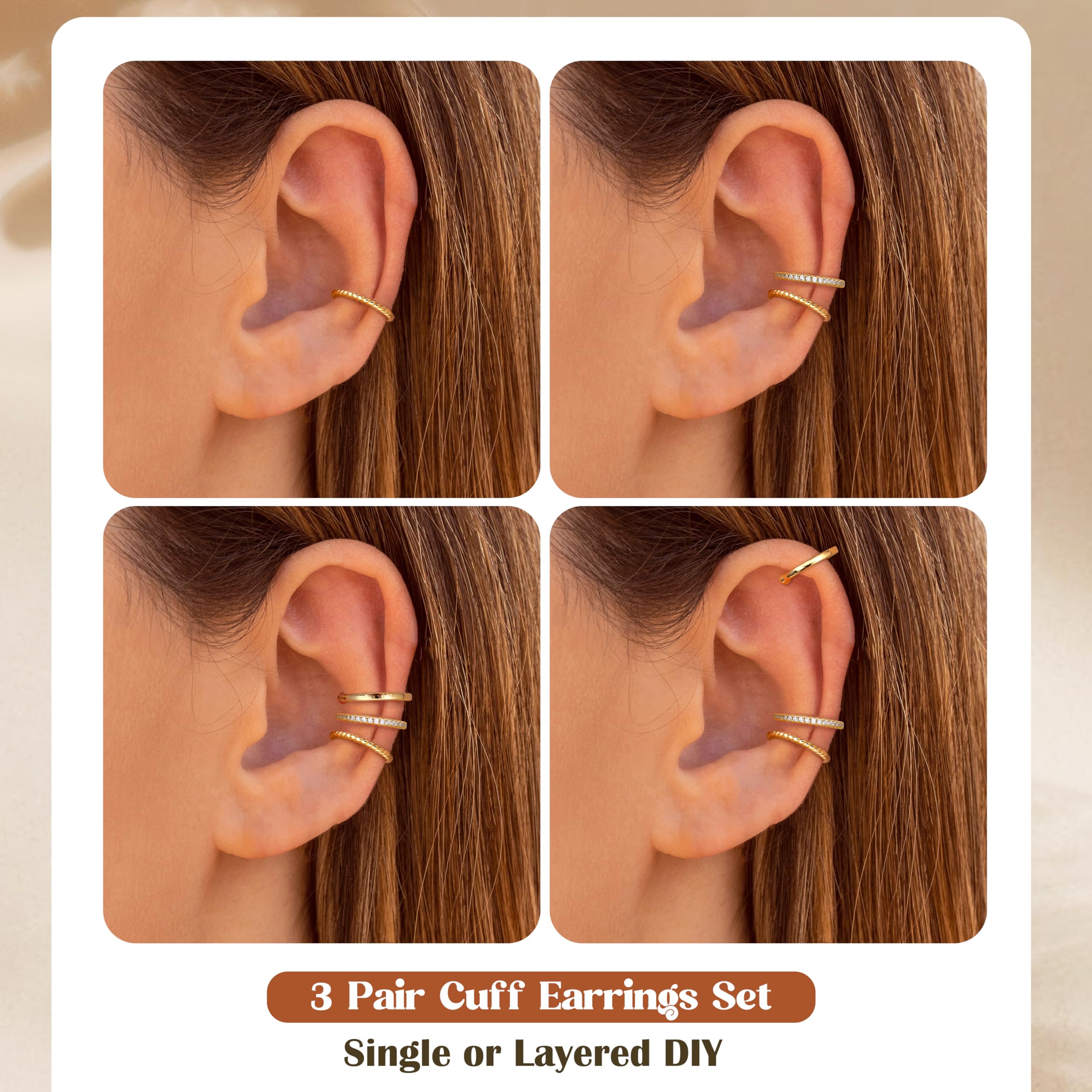 MILACOLATO 925 Sterling Silver Ear Cuffs Non Piercing for Women, Hypoallergenic 14K Gold Plated Ear Cuff Earrings for Sensitive Ears, Trendy Clip On Helix Cartilage Conch Earring Stacks Fake Earrings Jewelry Gifts