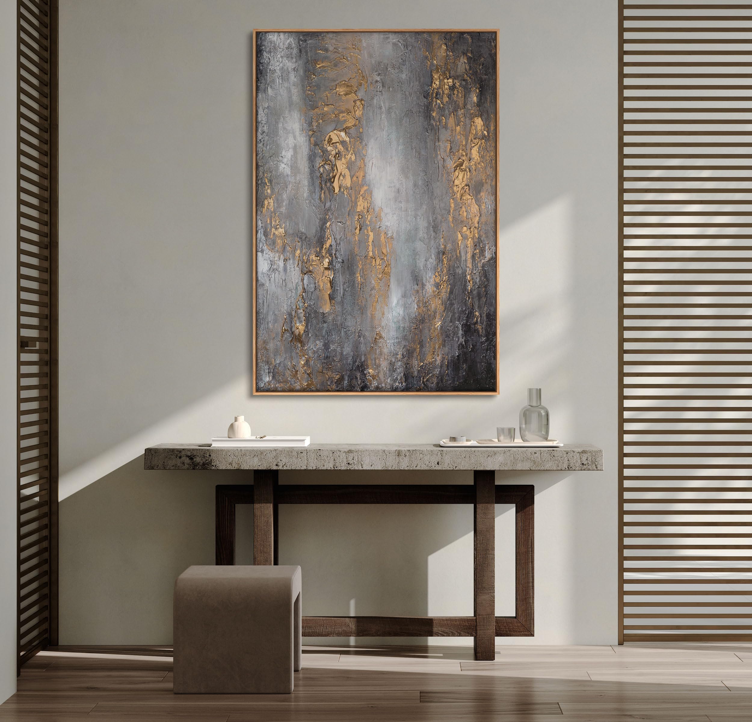 YS Enmarcado Pintado en acrílico Vía Láctea Pintura abstracta a mano Tonos verde grisáceo con dorado y plateado Decoración de pared modern 140x100 cm
