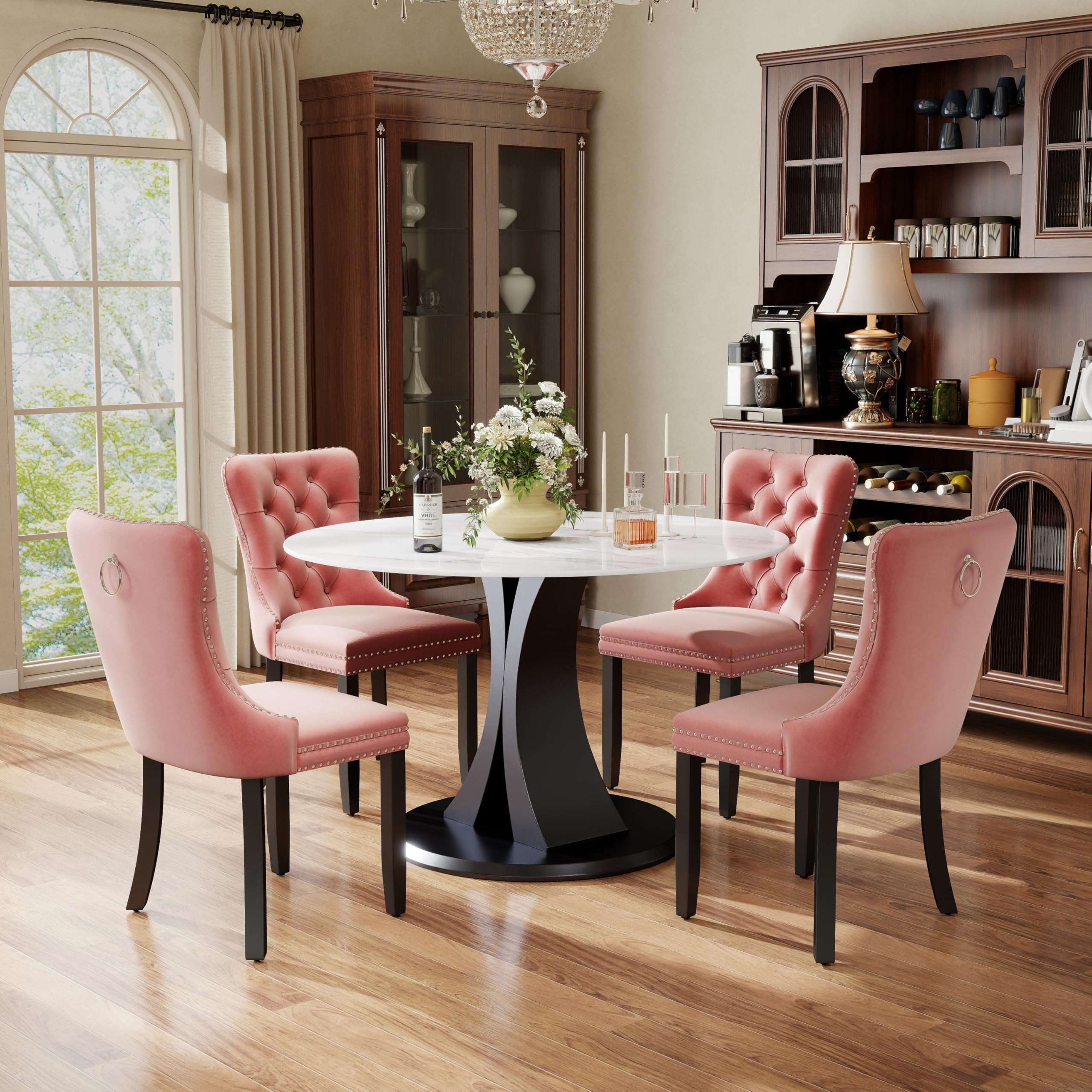 5-Piece Dining Table Set with 39In Faux Marble Table and 4 Velvet Upholstered Chairs, Modern Scandinavian Furniture for Dining Room Kitchen(Pink)