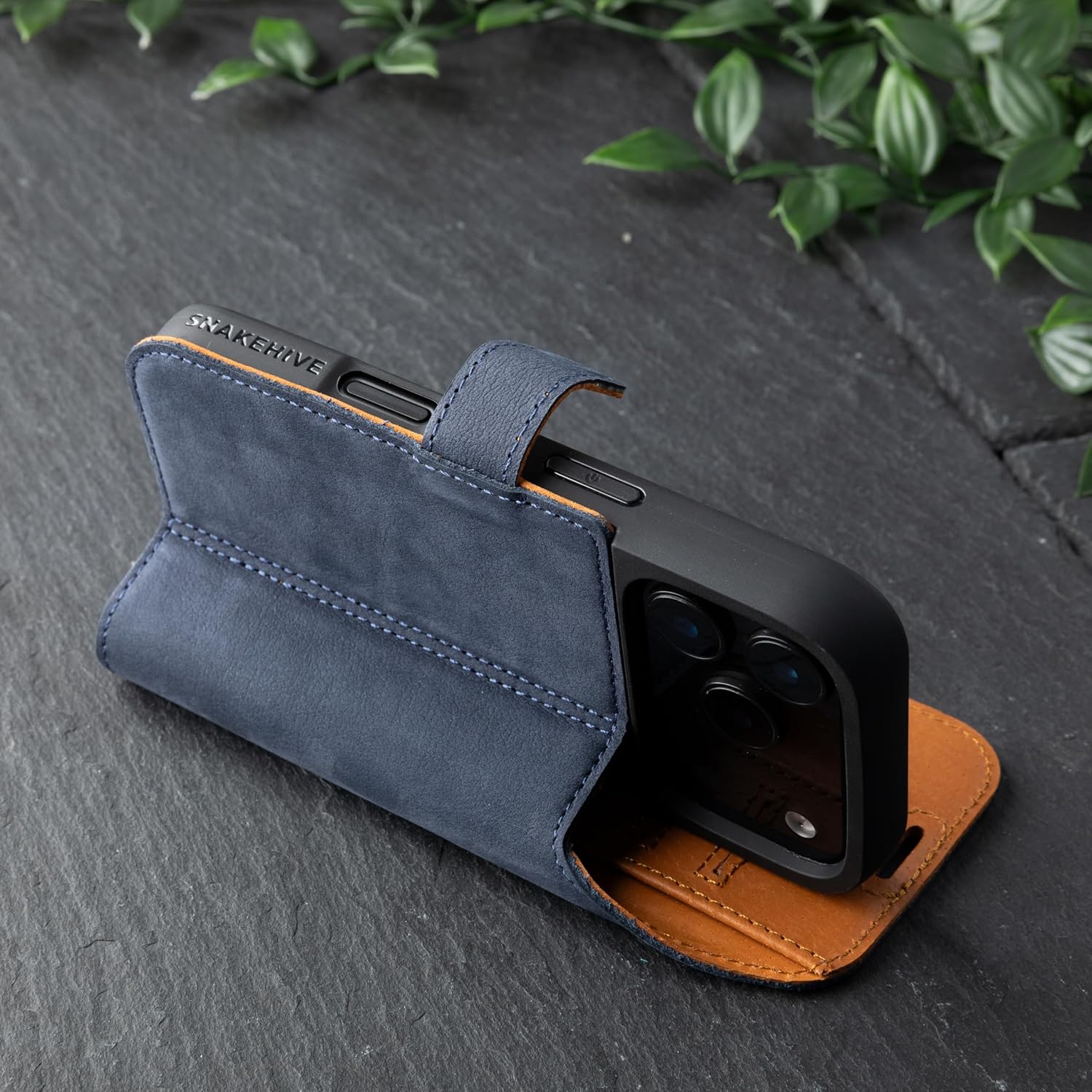 Snakehive Genuine Leather Wallet Case for iPhone 17 Pro – Flip Cover with Card Slots & Stand (Navy)