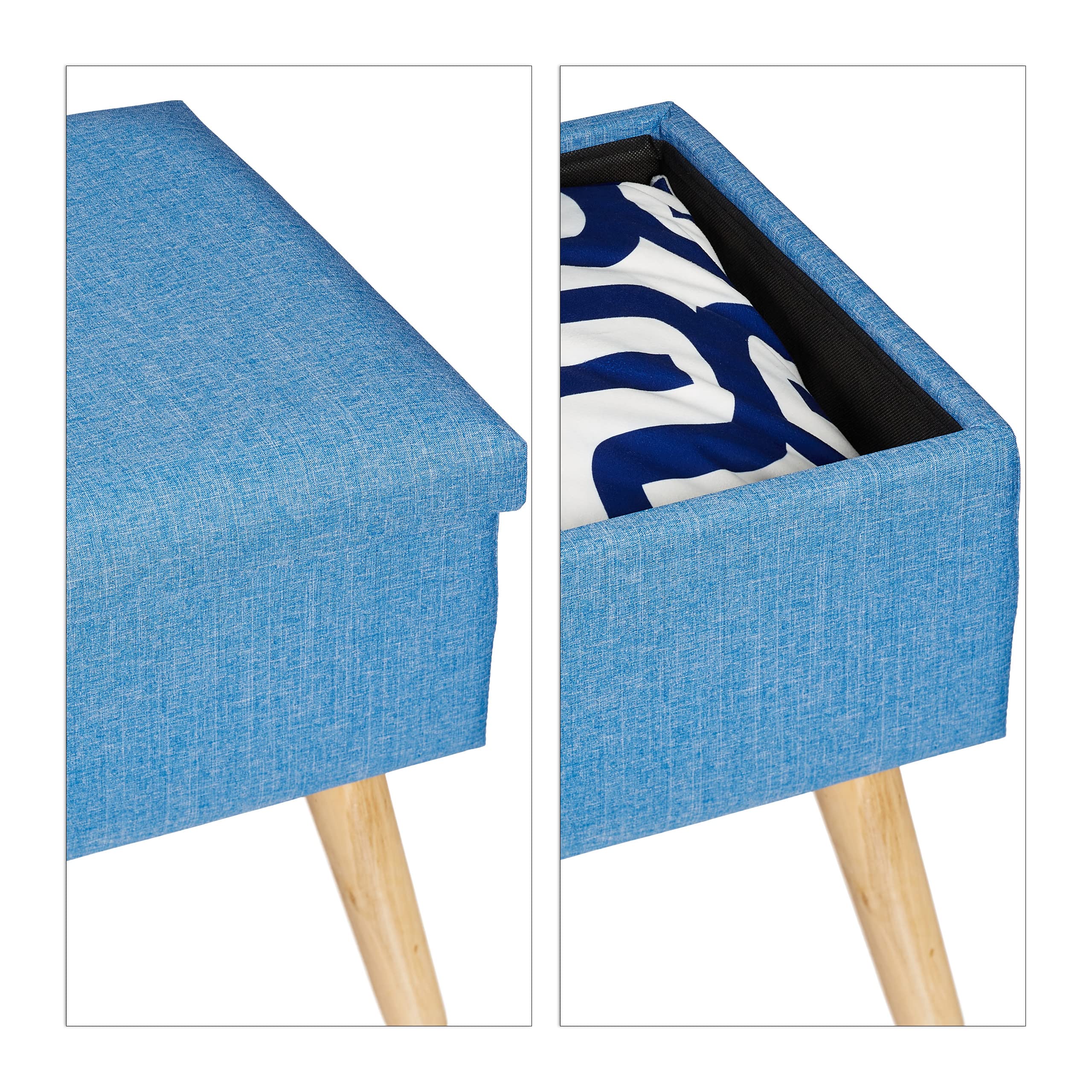 Relaxdays Banc de Rangement, rembourré, Pieds Bois, Banquette, Coffre avec revêtement Tissu HxLxP:39 x77x 39cm,Bleu