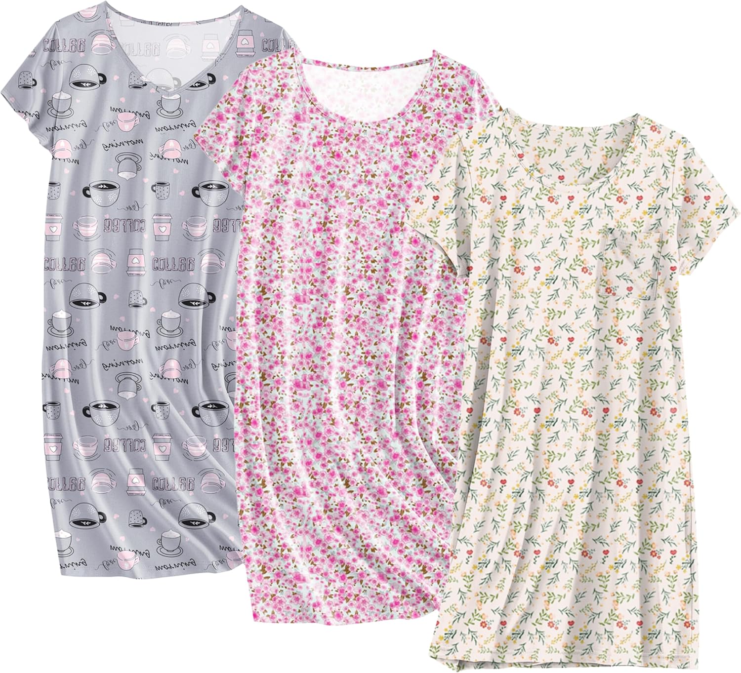 Ekouaer Cotton Nightgowns for Women 3 Pack Sleepshirts Short Sleeve Night Shirt Tshirt Night Gown Print Sleepwear Dress