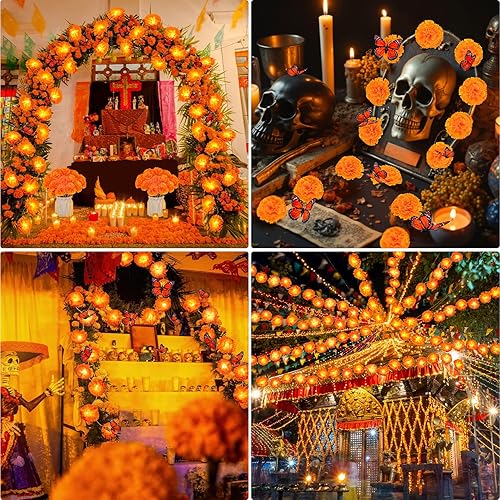 Miniatura 7 de 43 Pcs Day of The Dead Decorations, 10 Ft 20 LED Marigold Garland, 30 Artificial Marigold Flowers, 12 Butterfly for Dia De Los Muertos Decorations
