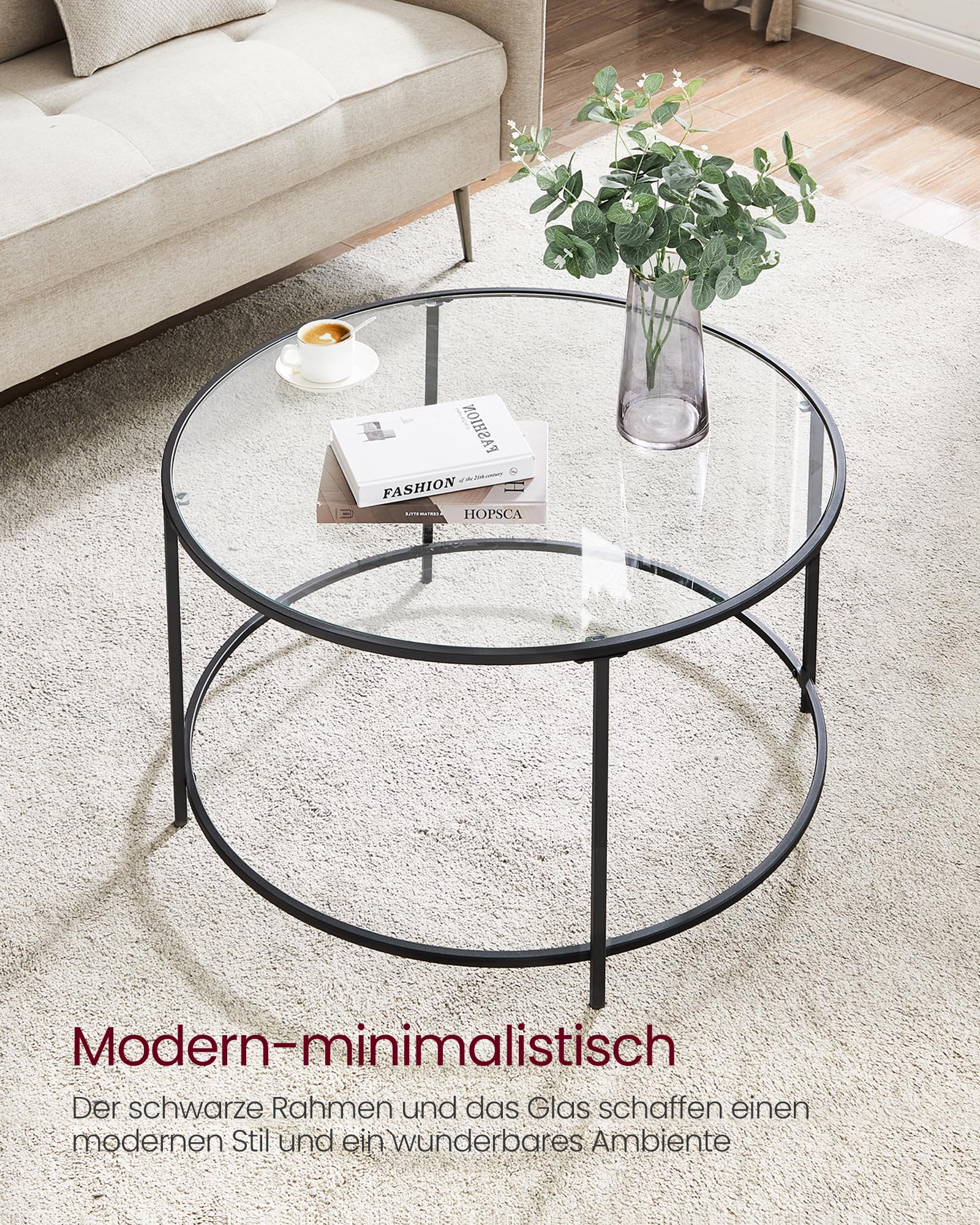 VASAGLE Runder Couchtisch, Wohnzimmertisch mit Stahlgestell, Salontisch, Beistelltisch, schwarz LGT021B01