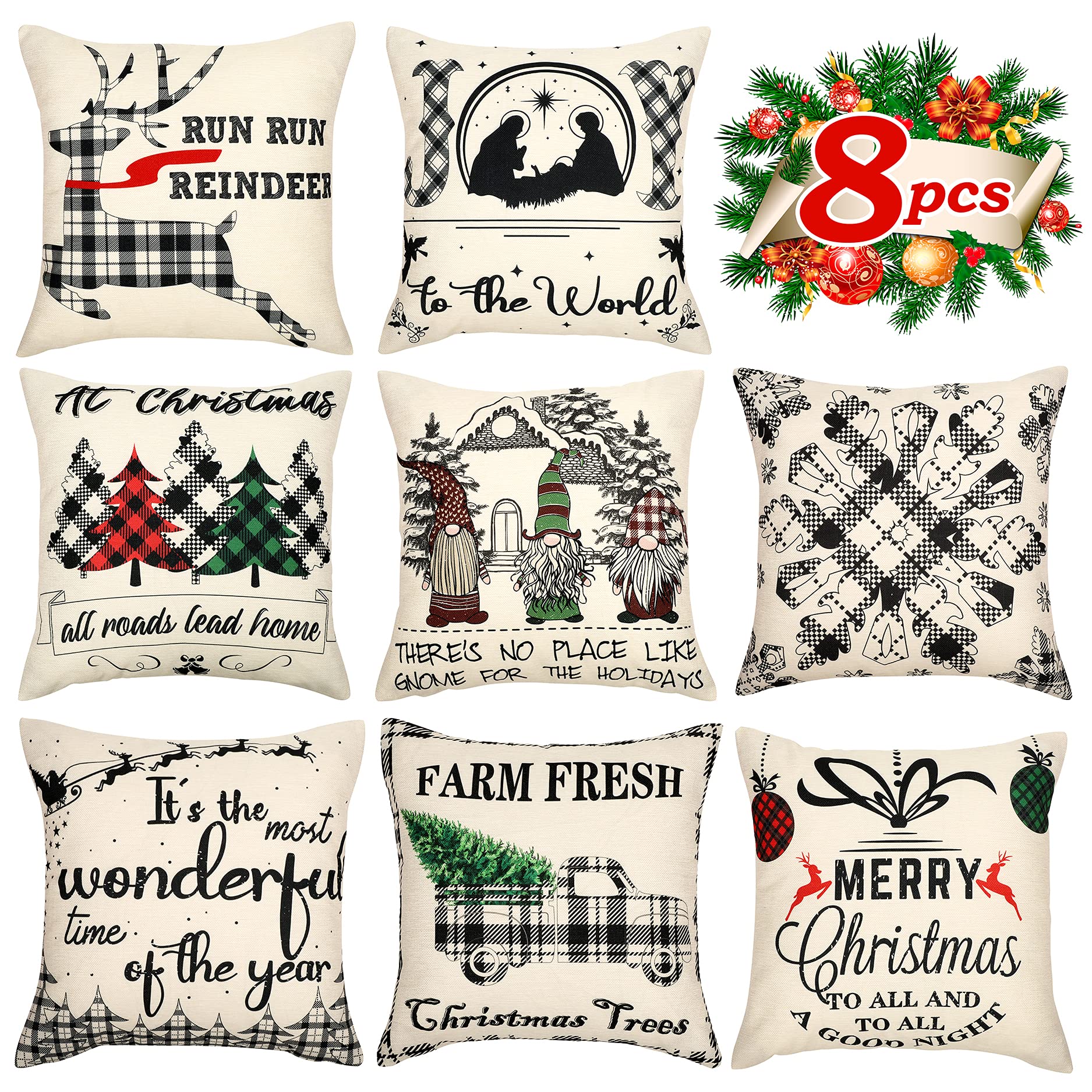 Geefuun 8 Pieces Christmas Pillow Covers 18 x 18 Inches - Xmas Cushion Cover Case Decorations Winter Party Pillow Customized Zipper Pillowcase Decor