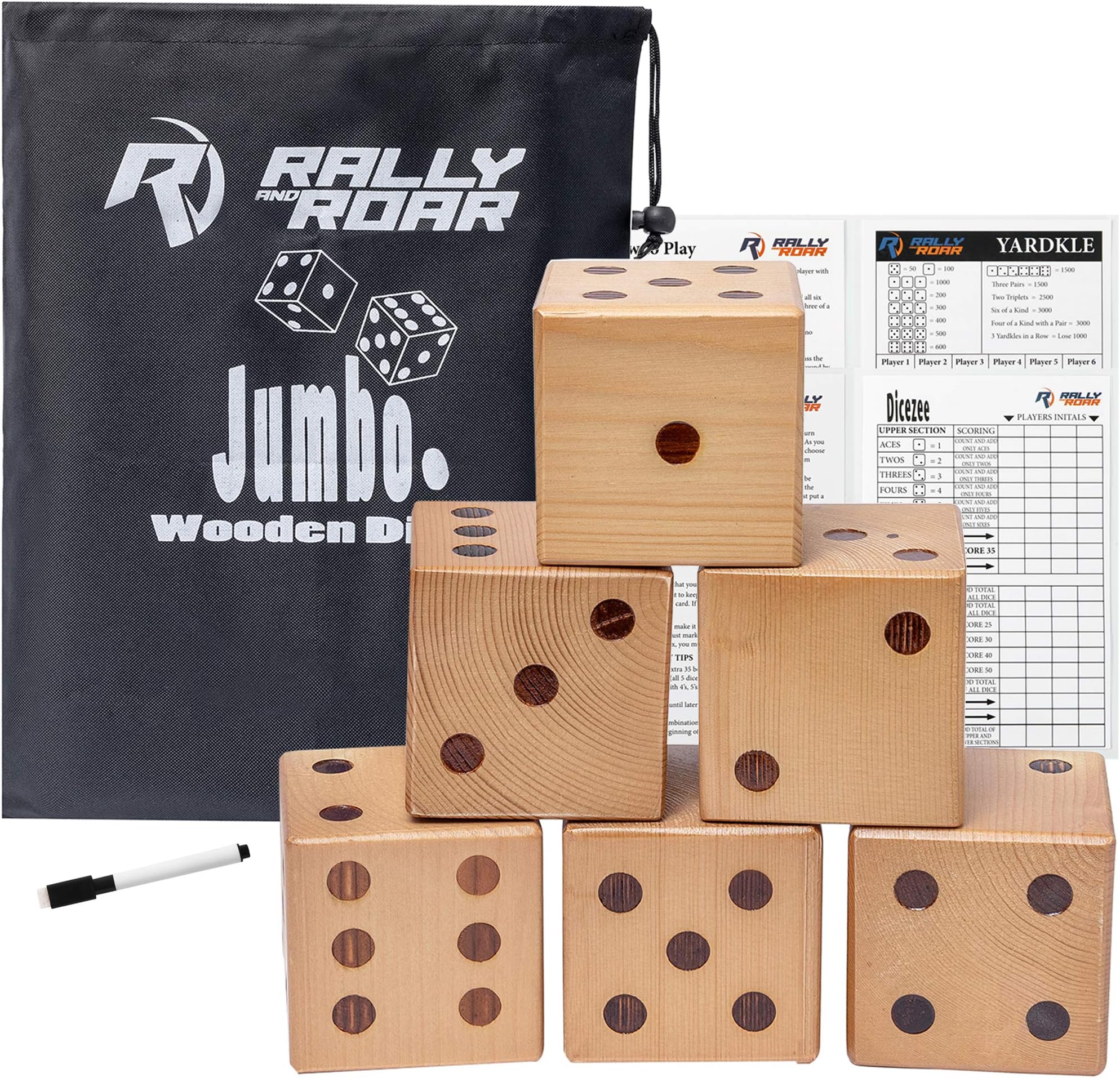 Rally and Roar Giant Backyard Wood Dice Set - Includes Dice, Scoresheet, Multiple Sizes and Styles