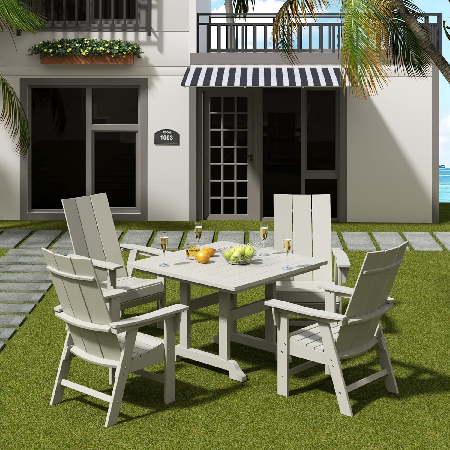 WO WESTIN OUTDOOR HDPE Shoreside Modern Curveback Adirondack Dining Chair,Sand