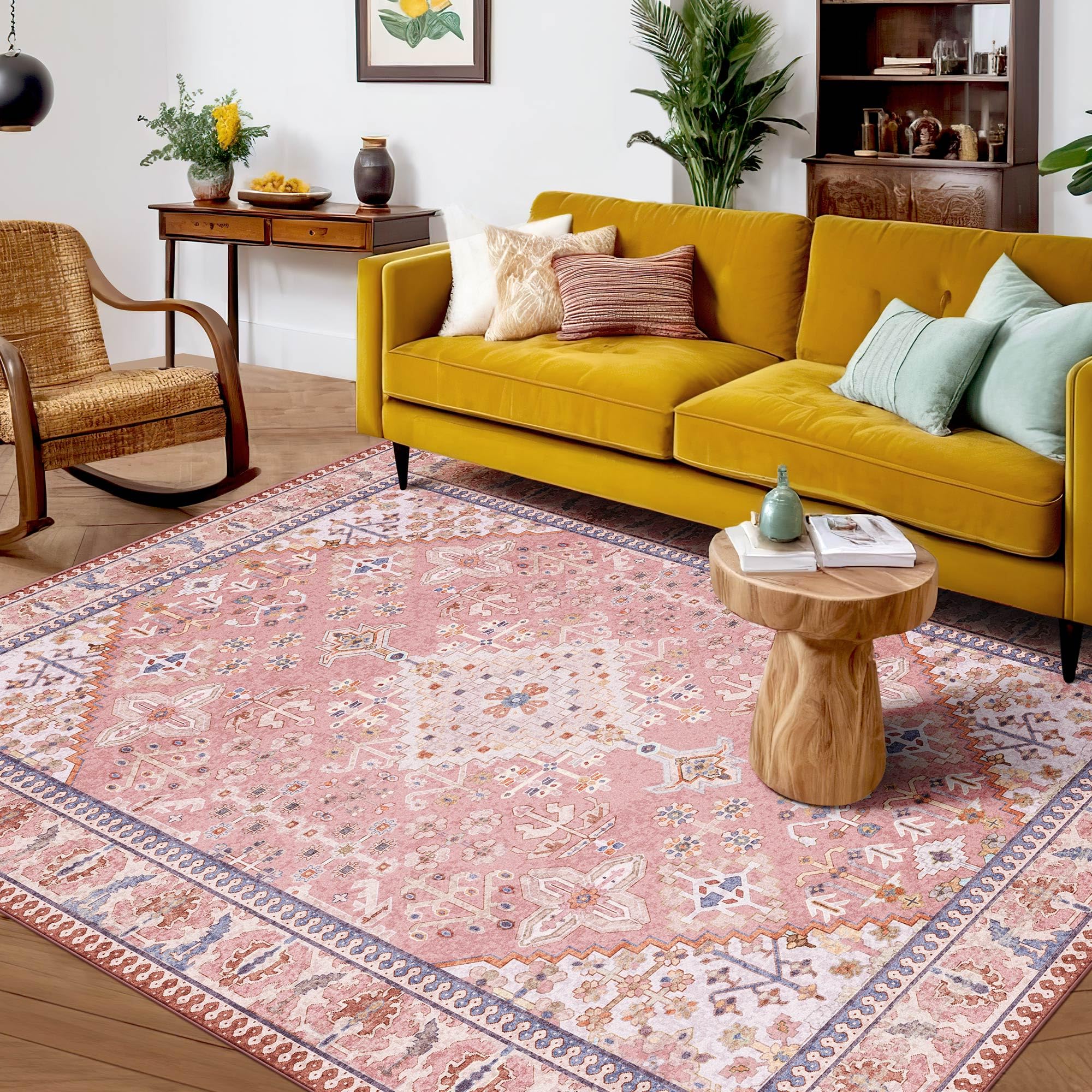 9x12 Area Rugs for Living Room, Stain Resistant Machine Washable Rug, Non Slip Backing Boho Rugs for Bedroom, Printed Soft Vintage Carpet Peach Pink 9 x 12