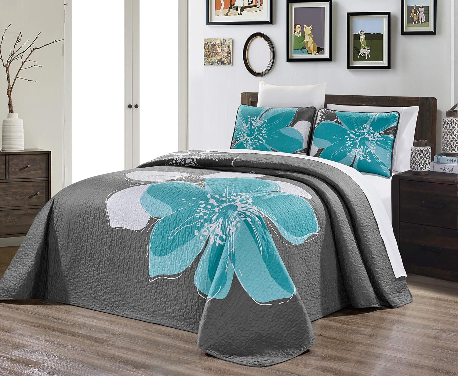 DDECOR 3-Piece Fine Printed Oversize (100" X 95") Quilt Set Reversible Bedspread Coverlet Queen Size Bed Cover (Aqua Blue, Grey, White, Floral)