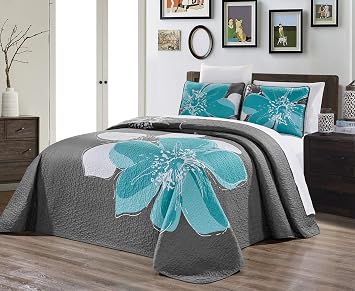 DDECOR 3-Piece Fine Printed Oversize 100" X 95" Quilt Set Reversible Bedspread Coverlet Queen Size Bed Cover Aqua Blue, Grey, White, Floral