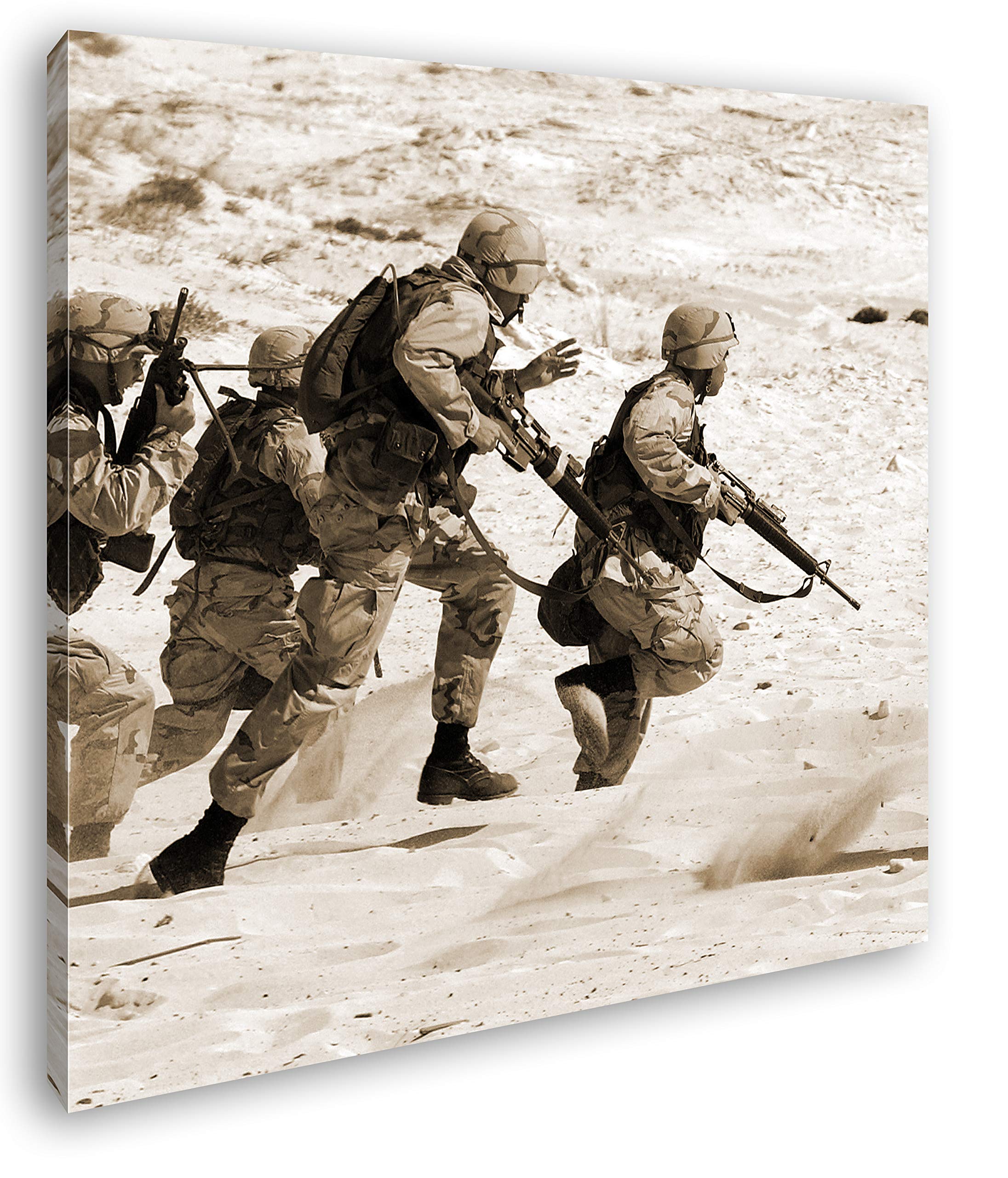 Toile soldats en guerre sépia 70x70 avec cadre en bois véritable pour éviter les posters