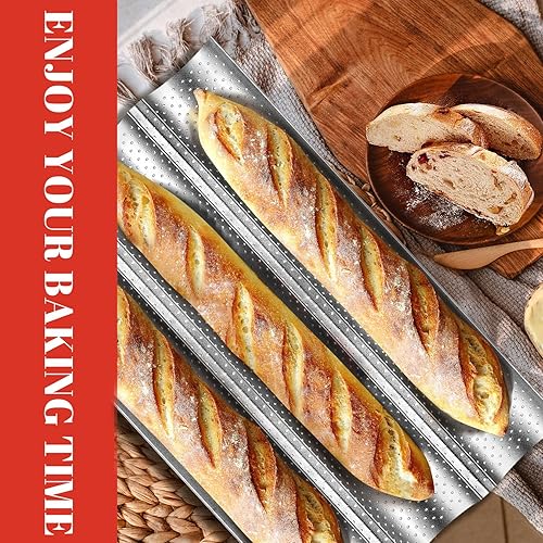 Miniatura 7 de GGC Sartén para pan de baguette, sartén de pan francés de 3 panes con revestimiento antiadherente de grado perforado para hornear panes crujientes
