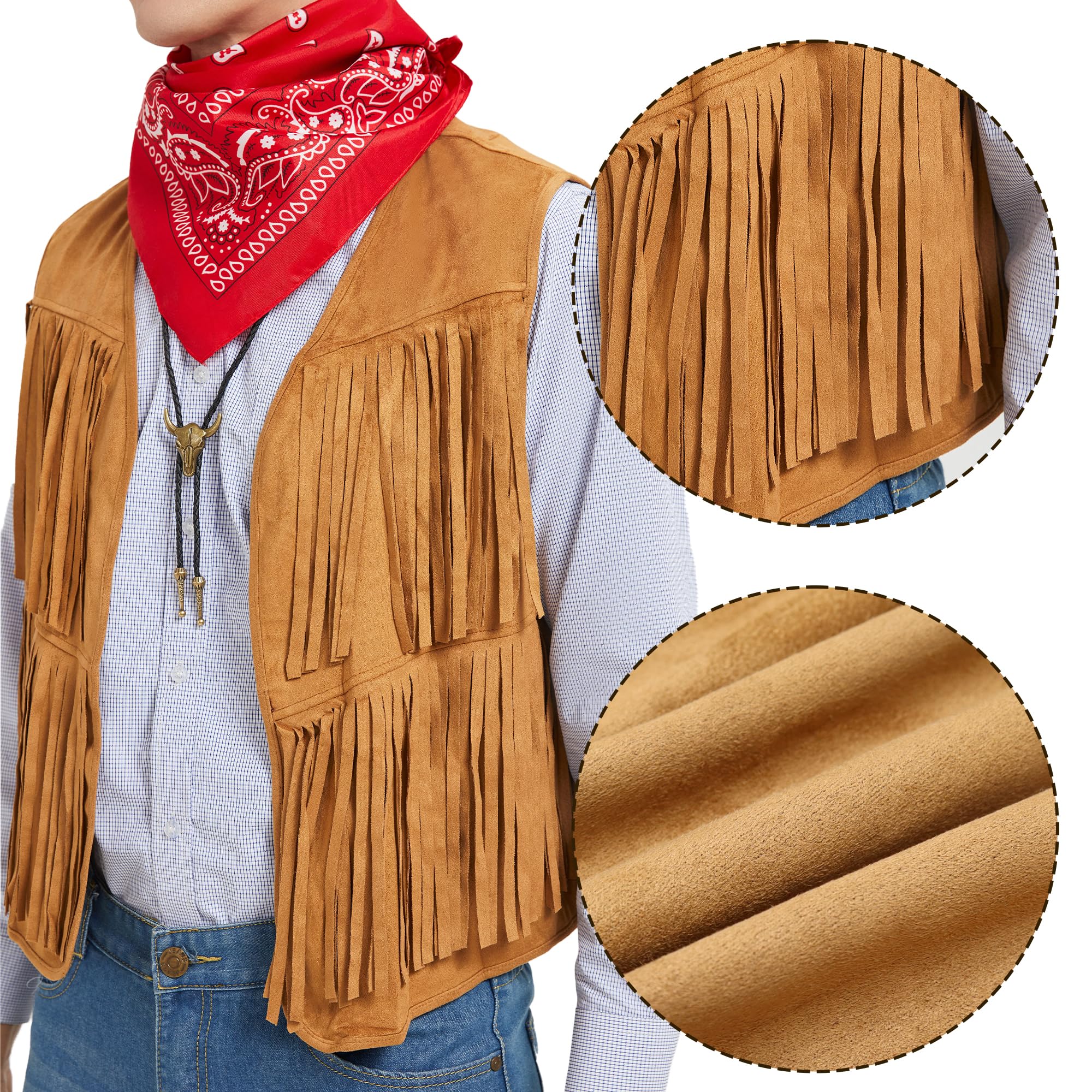 Disfraz de Vaquero para Hombres Cosplay Cowboy Chaleco con Flecos Sombrero Pañuelo Collar para el Carnaval Disfraces Hippie para Adultos