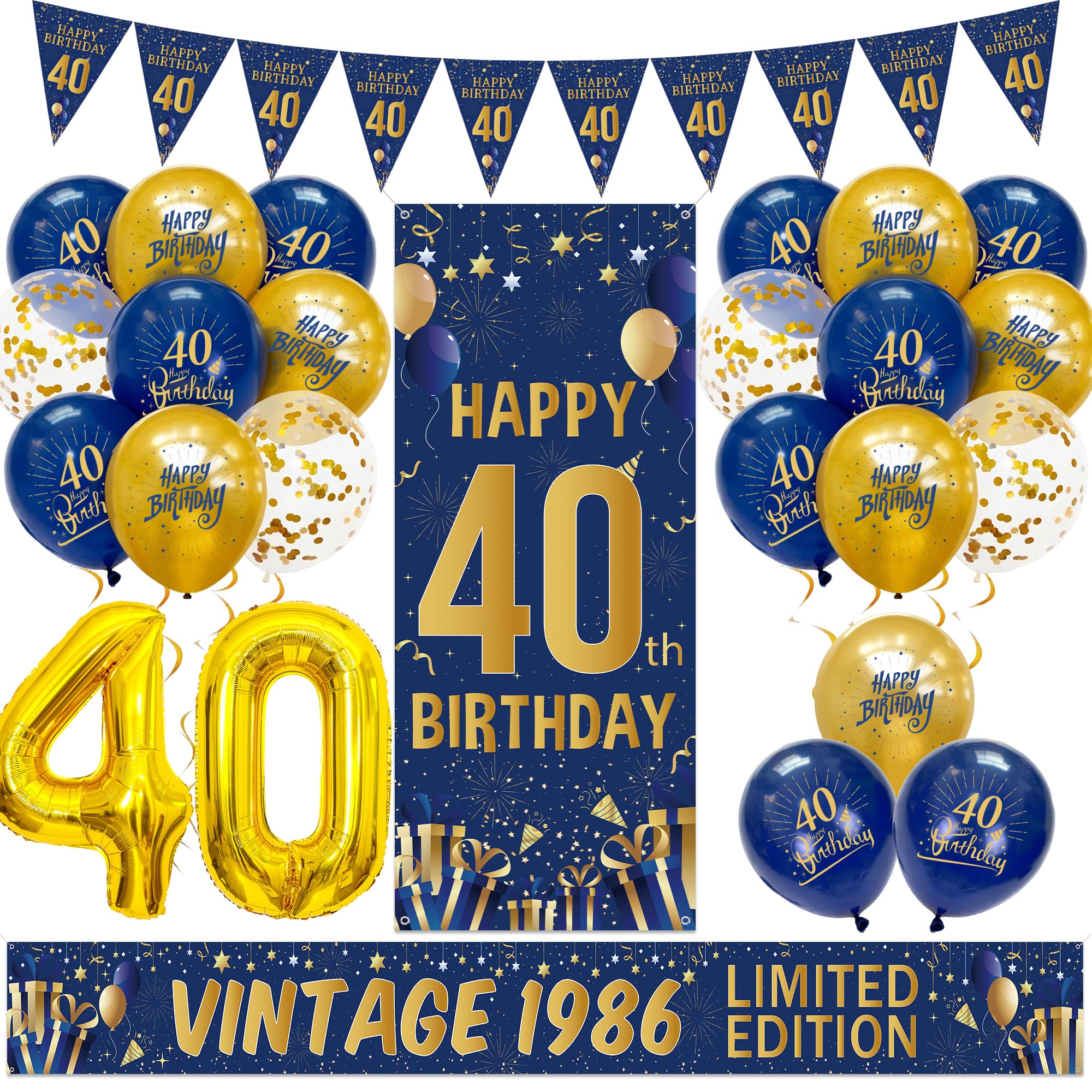 40th Birthday Decorations for Men Navy - Happy 40th Birthday Banner and Bunting, Vintage 1986 Limited Edition Yard Banner Number 40 Foil Balloons for 40 Years Old Navy Blue Gold Party