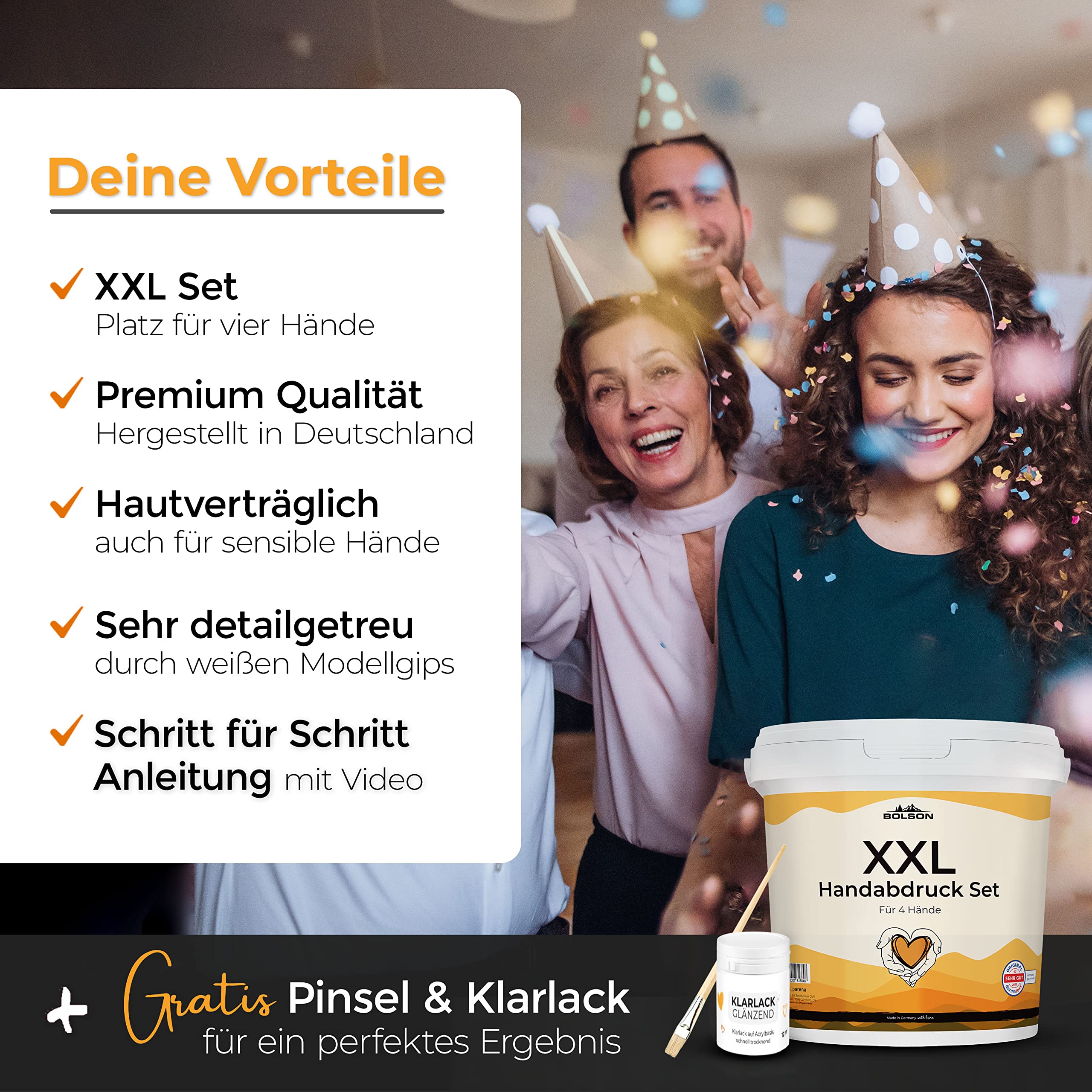 Bolson 3D XXL Handabdruck Set für Familie & Freunde - detailgetreues Gipsabdruckset - Set für 4 Hände mit GRATIS Klarlack & Pinsel - Super Geschenkidee zum Hochzeitstag, Jahrestag, Geburtstag