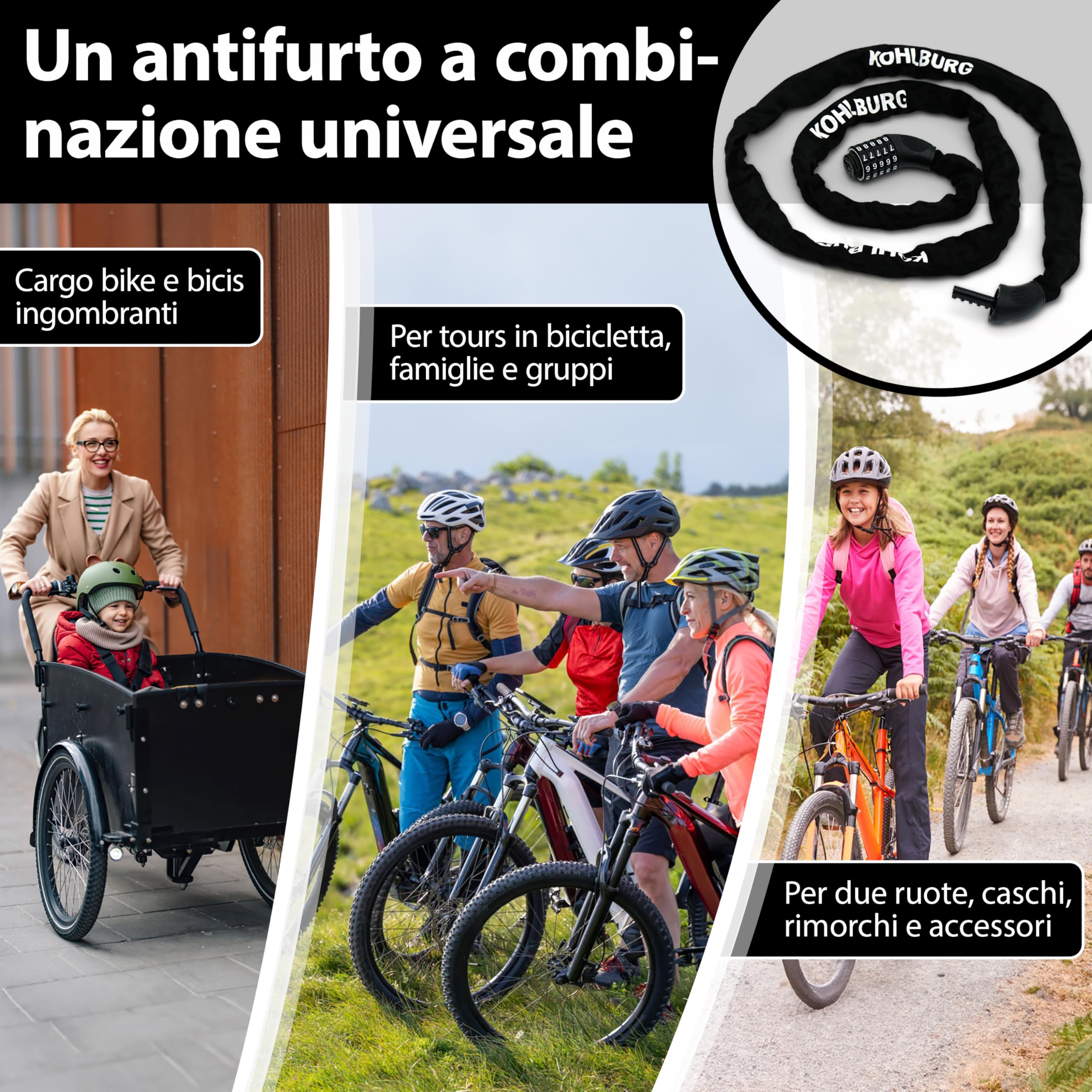KOHLBURG Antifurto a combinazione 200 cm, Lucchetto in acciaio speciale da 6 mm, 2 m con codice numerico, Catena antifurto 200cm extra lunga con combinazione numerica per bicicletta, e‑bike, e‑scooter