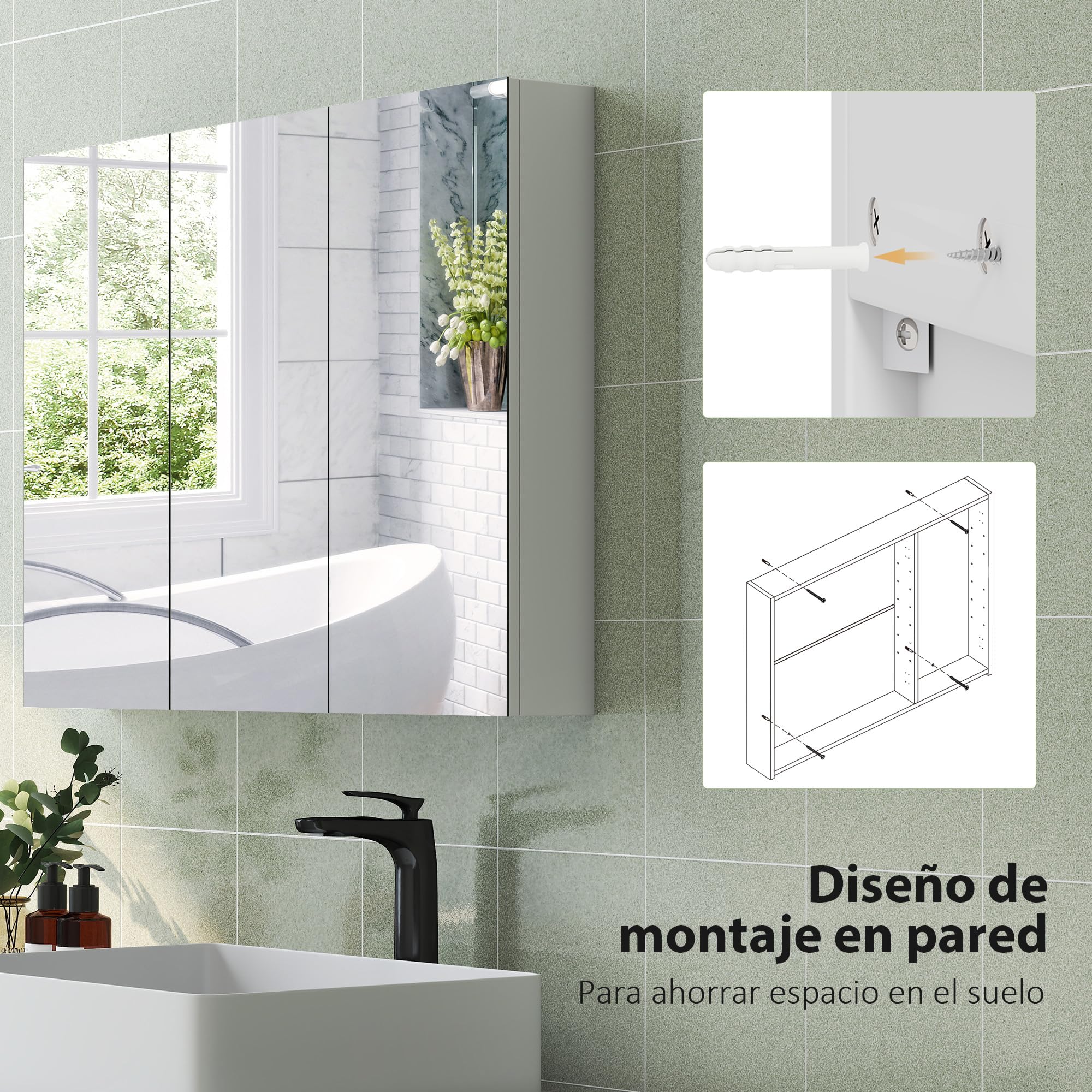 HOMCOM Armario de Baño con Espejo Armario de Pared para Baño de Colgar con 3 Puertas y Estantes Regulables 91,5x11,5x65 cm Blanco