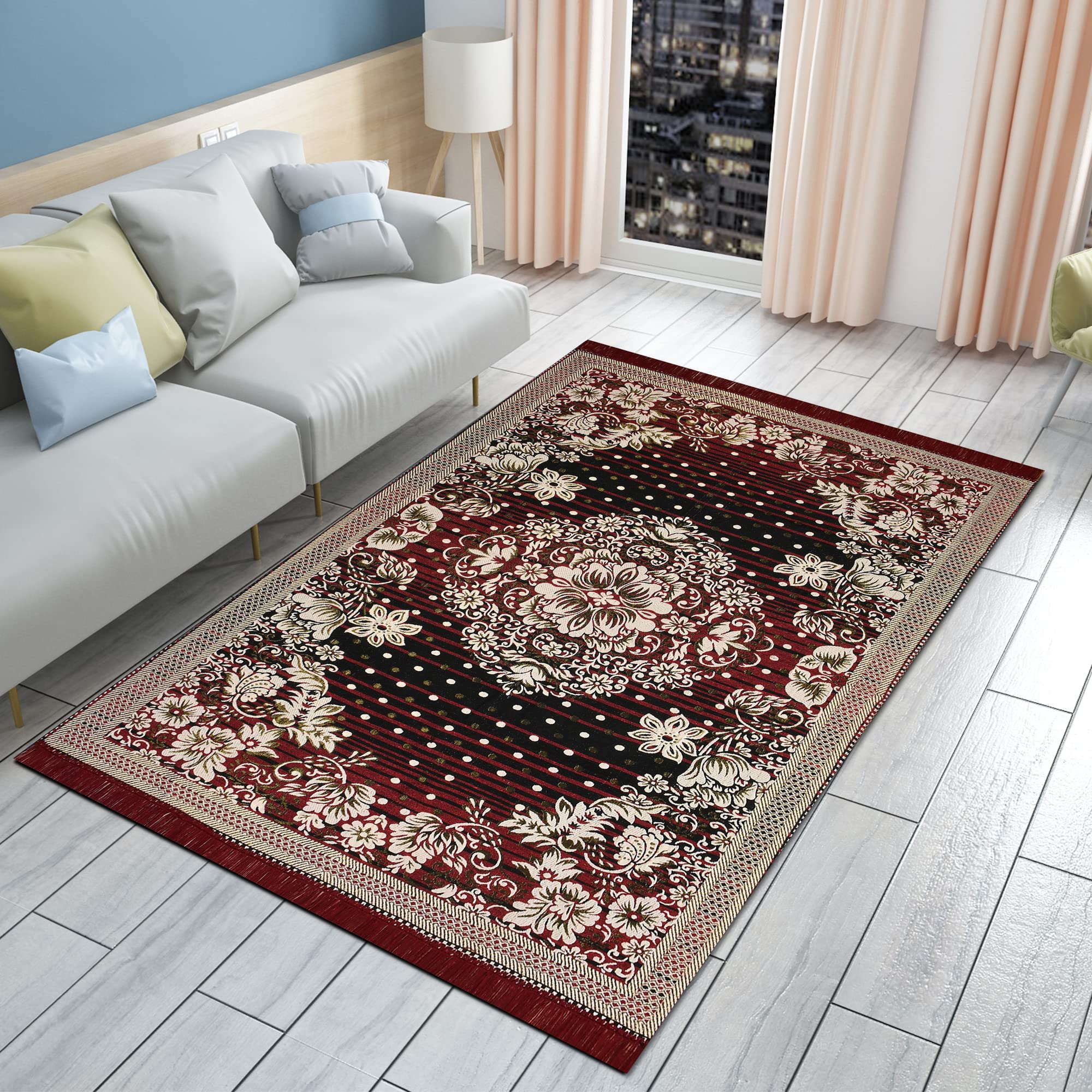 Purav Light Traditional Persian Design Cotton Carpet for Living Room| Elegant Persian Design Carpets| Carpet for Home Decoration,Living Room| 5x7 Feet Kaleen Mat| Washable| Colour-Maroon | Pack of 1-image-24