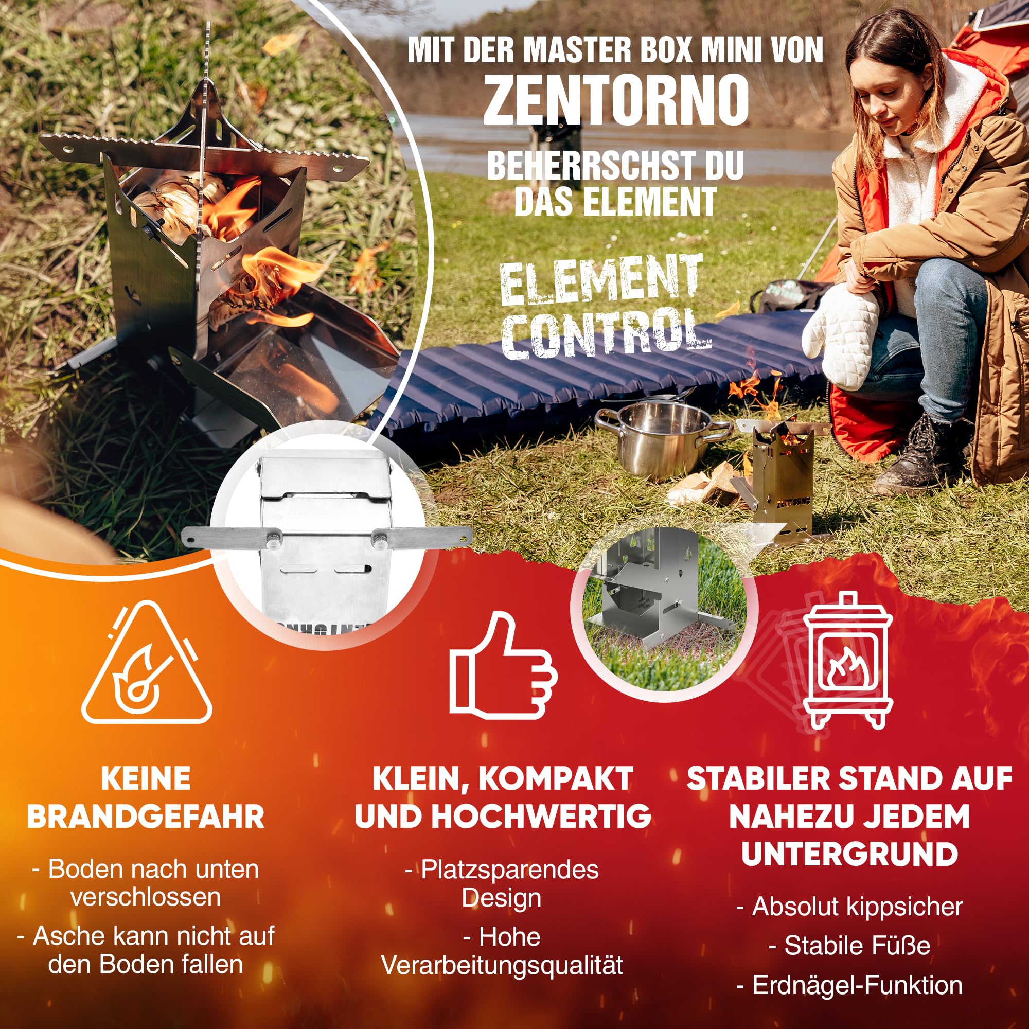 Zentorno® Rocket Stove 2023 - Estufa de leña para exteriores de acero inoxidable (inoxidable, para sartenes y ollas de hasta 17,5 cm de diámetro)
