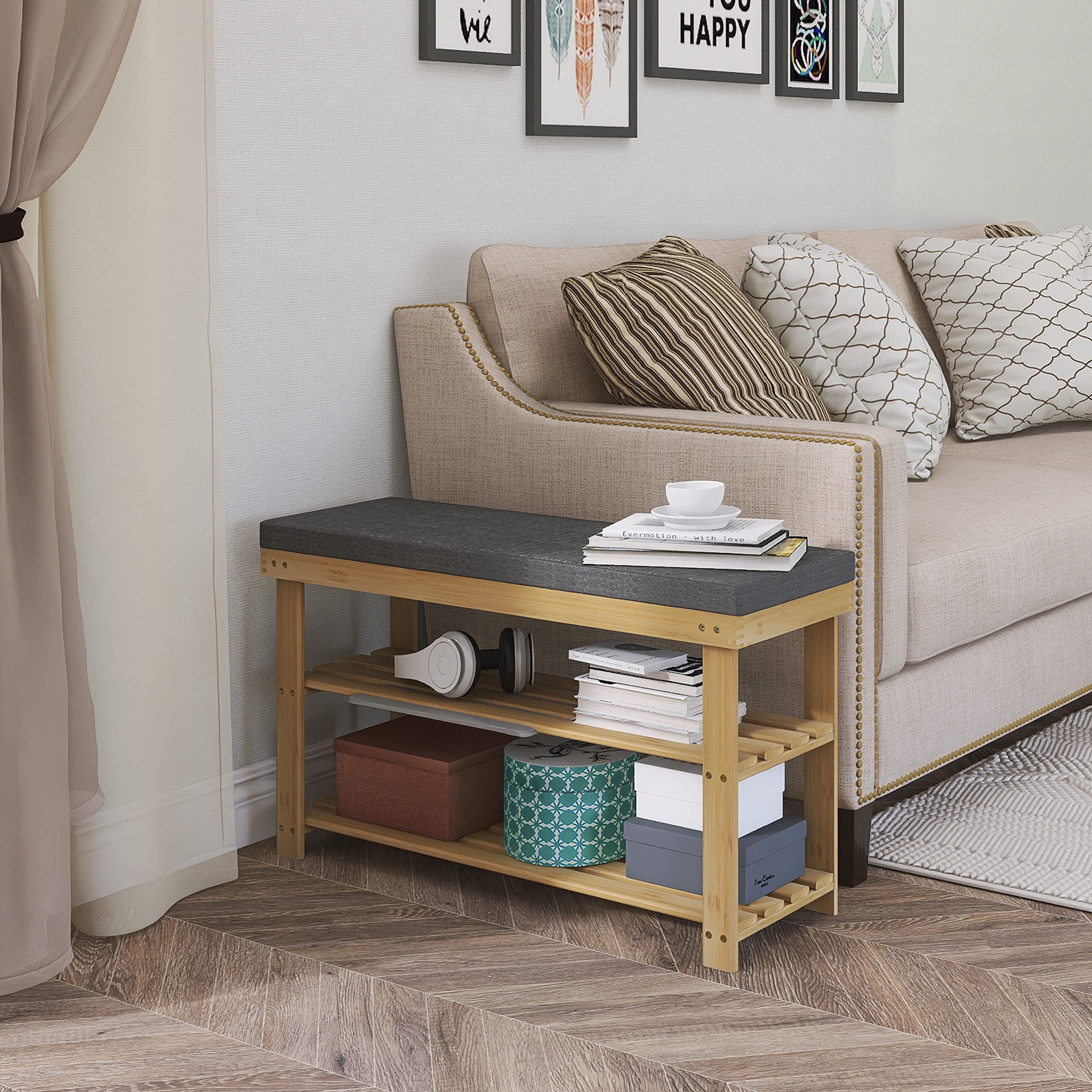 SMIBUY Bamboe Schoenenrek Bank, 3-Tier Schoen Organizer Opbergplank voor Hal Hal Badkamer Woonkamer (Donkerbruin