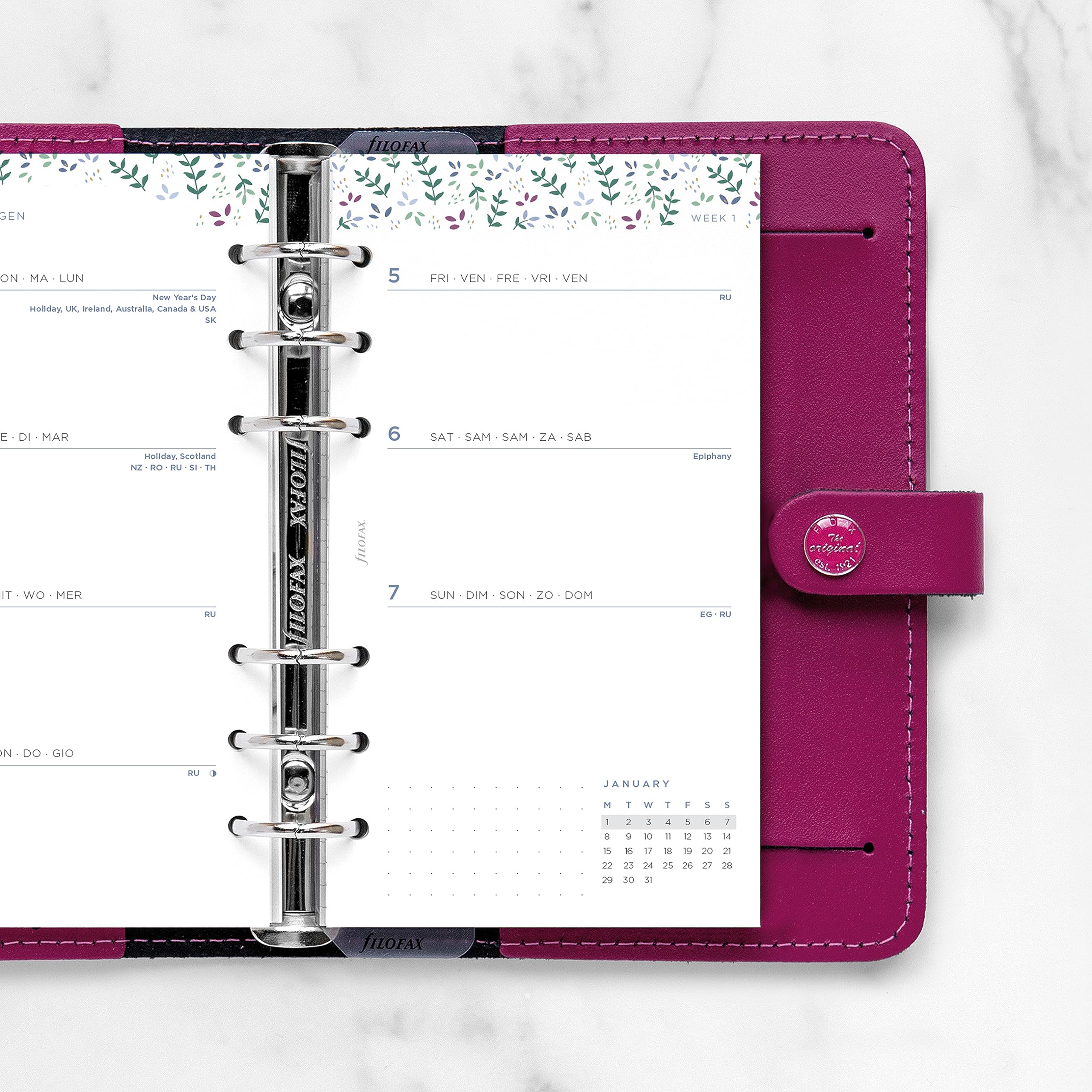 Filofax Ricarica per agenda giornaliera, formato personale/compatto, vista settimanale, confezione minimale per agenda da giardino, multilingue: cinque lingue, 2024 (C68492-24)
