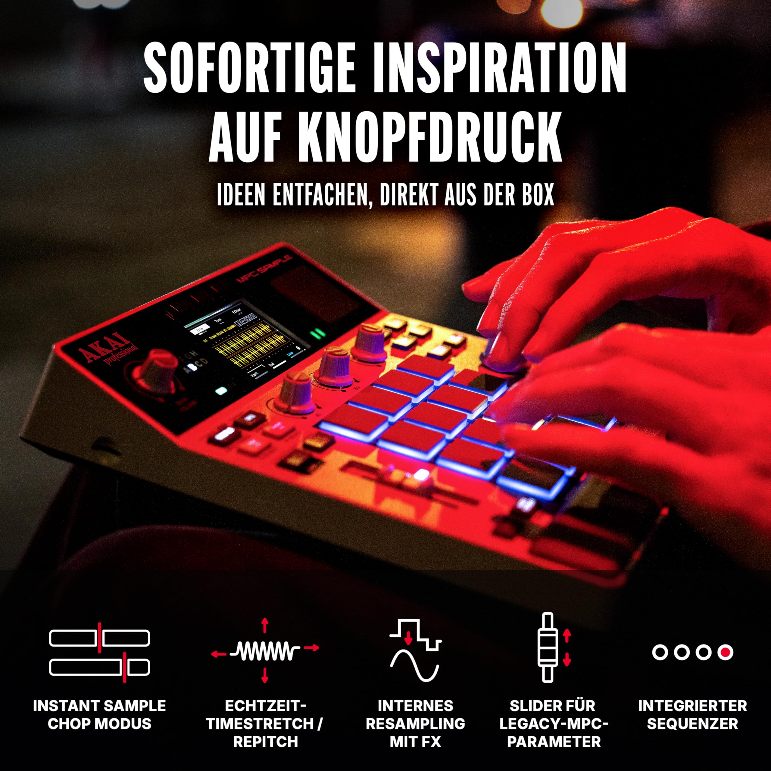 Akai Professional MPC Sample - Standalone Portable Sampler, Sequenzer und Effektprozessor mit Akku, USB-C, integriertem Lautsprecher und Mikrofon