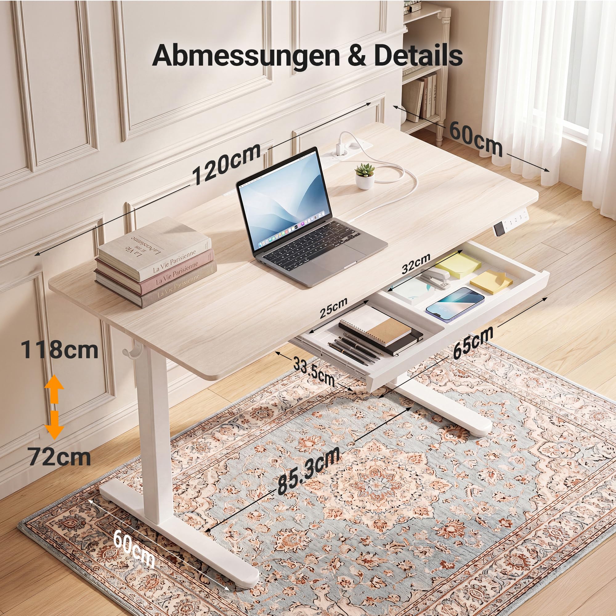 Claiks Höhenverstellbarer Schreibtisch mit Steckdosen&Schublade 120 x 60cm