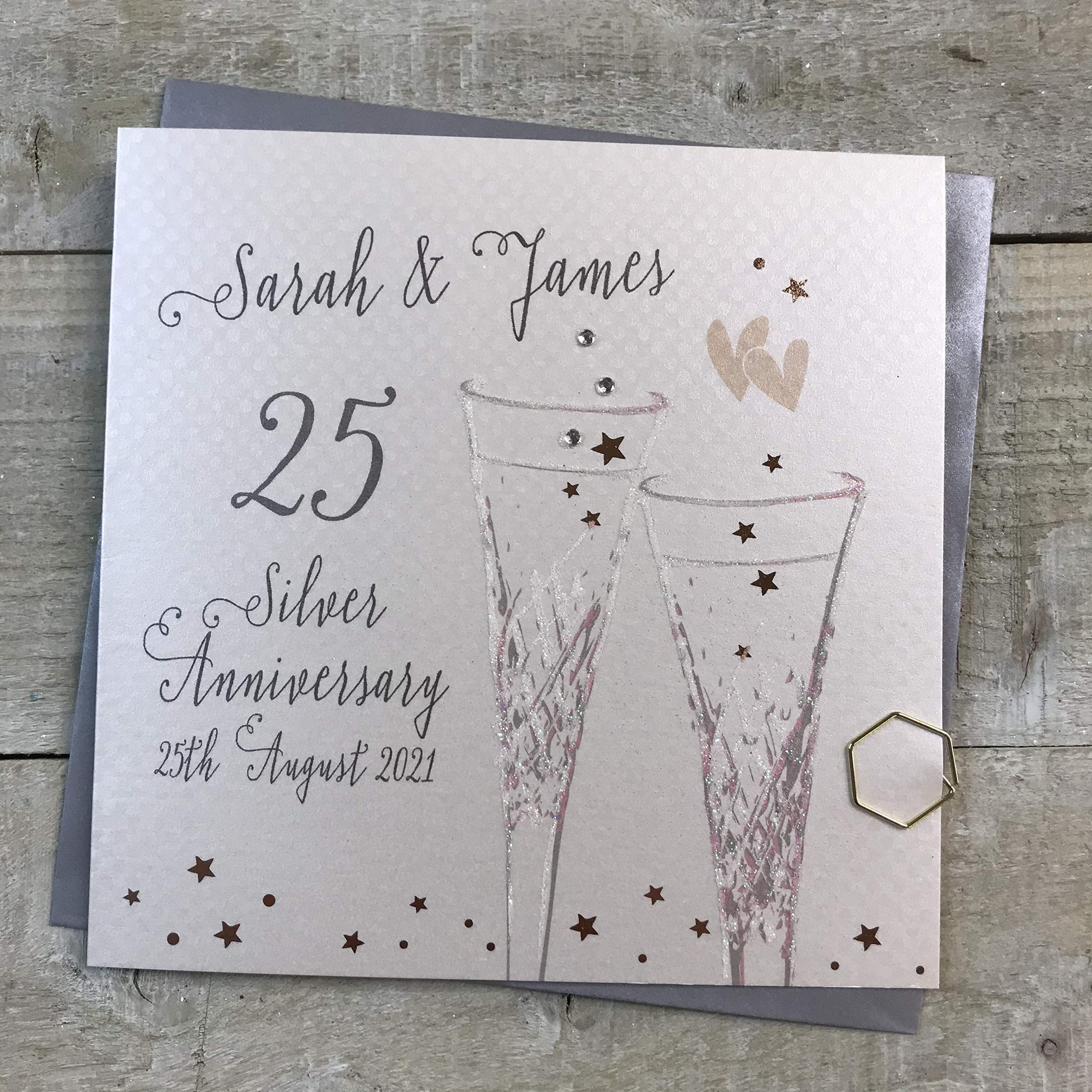 Personalised 25th Wedding Anniversary Card- Silver Anniversary- Crystal Champagne Glasses - Personalised Handmade Card P19-a25