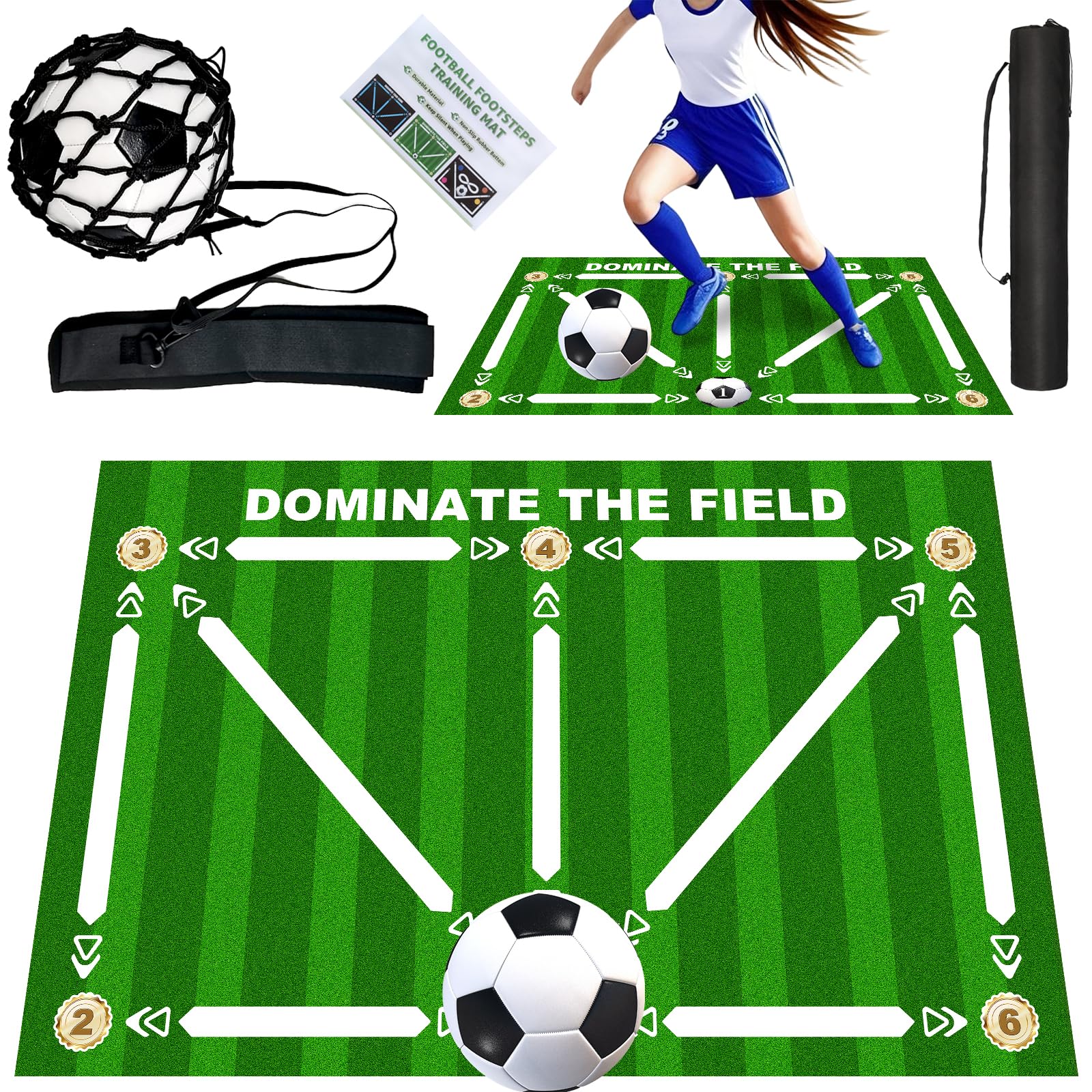Football Footstep Training Mat, Soccer Training Mat 35 * 24IN, Soccer Skills Training Equipment with Storage Bag and Soccer Return Trainer Net