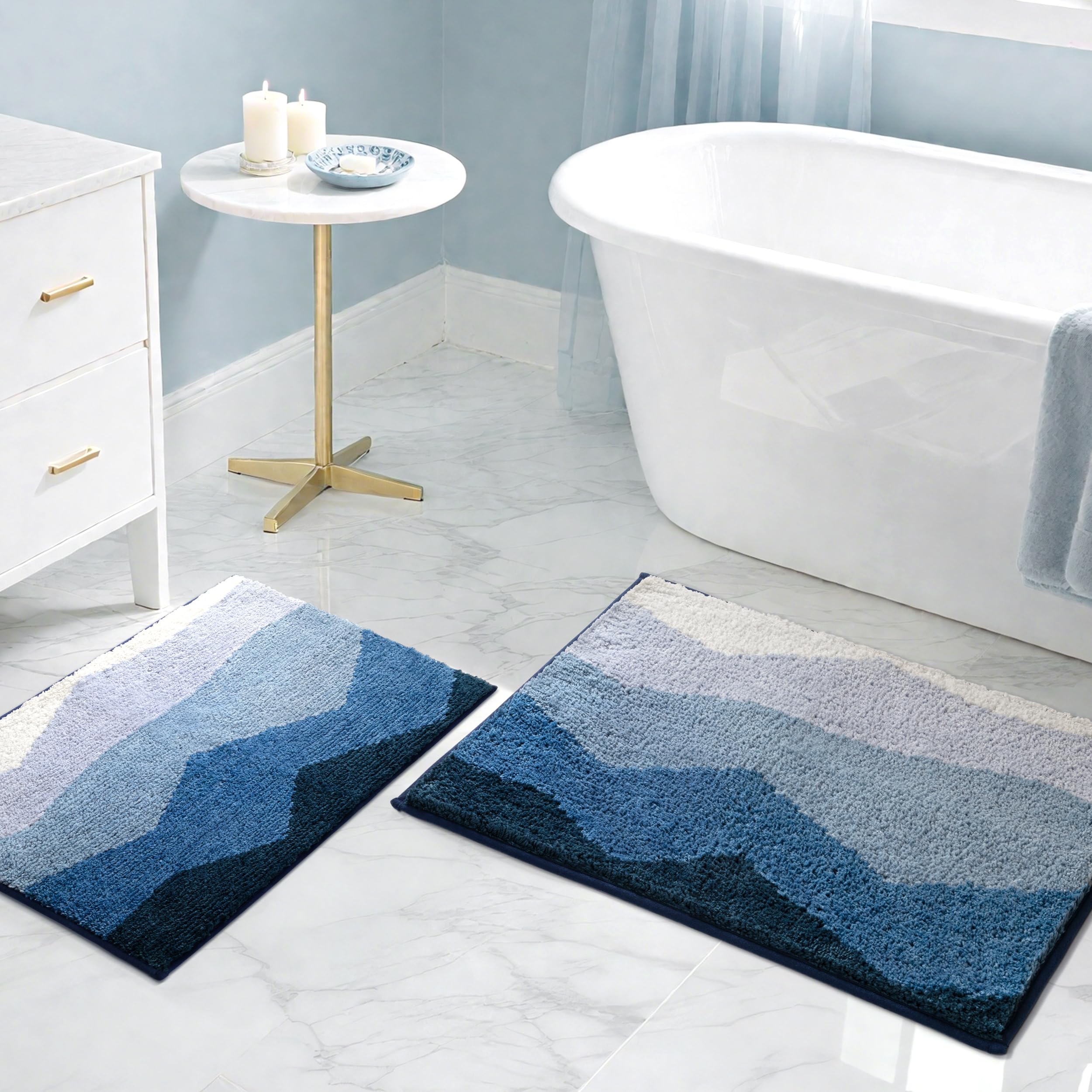 Sunlit 2 Pieces Bathroom Rugs Set, Ombre Blue Bathroom Rugs Non-Slip Absorbent Soft Bath Mat Set, Floor Mats Dry Fast Machine Washable (20"x30"&17"x24