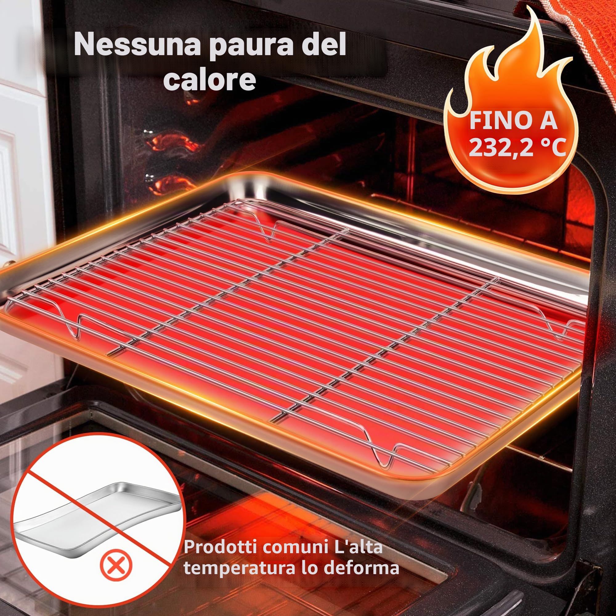 Fire More Teglie da Forno con Griglia di Raffreddamento in Acciaio Inox,Set di 4[2 Teglia Forno+2 Grigliaper Cuocere e Servire], Atossica e Sana, Facile da Pulire e Lavabile in Lavastoviglie
