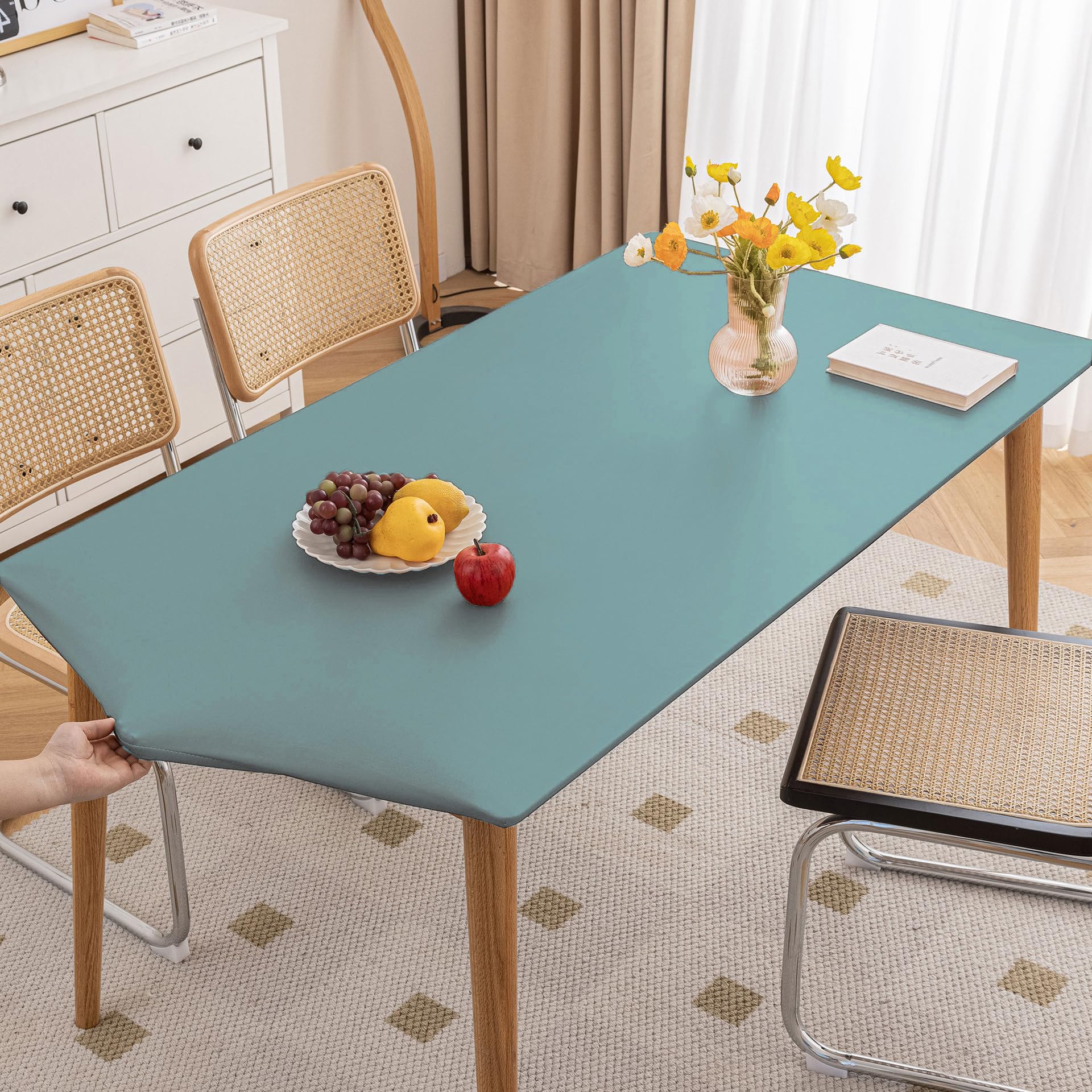 Cozomiz Waterproof PU Leather Rectangular Tablecloth Elastic Edged Tablecloth Wipeable Table Cloth Table Cover for Outdoor, Patio, Kitchen and Dining