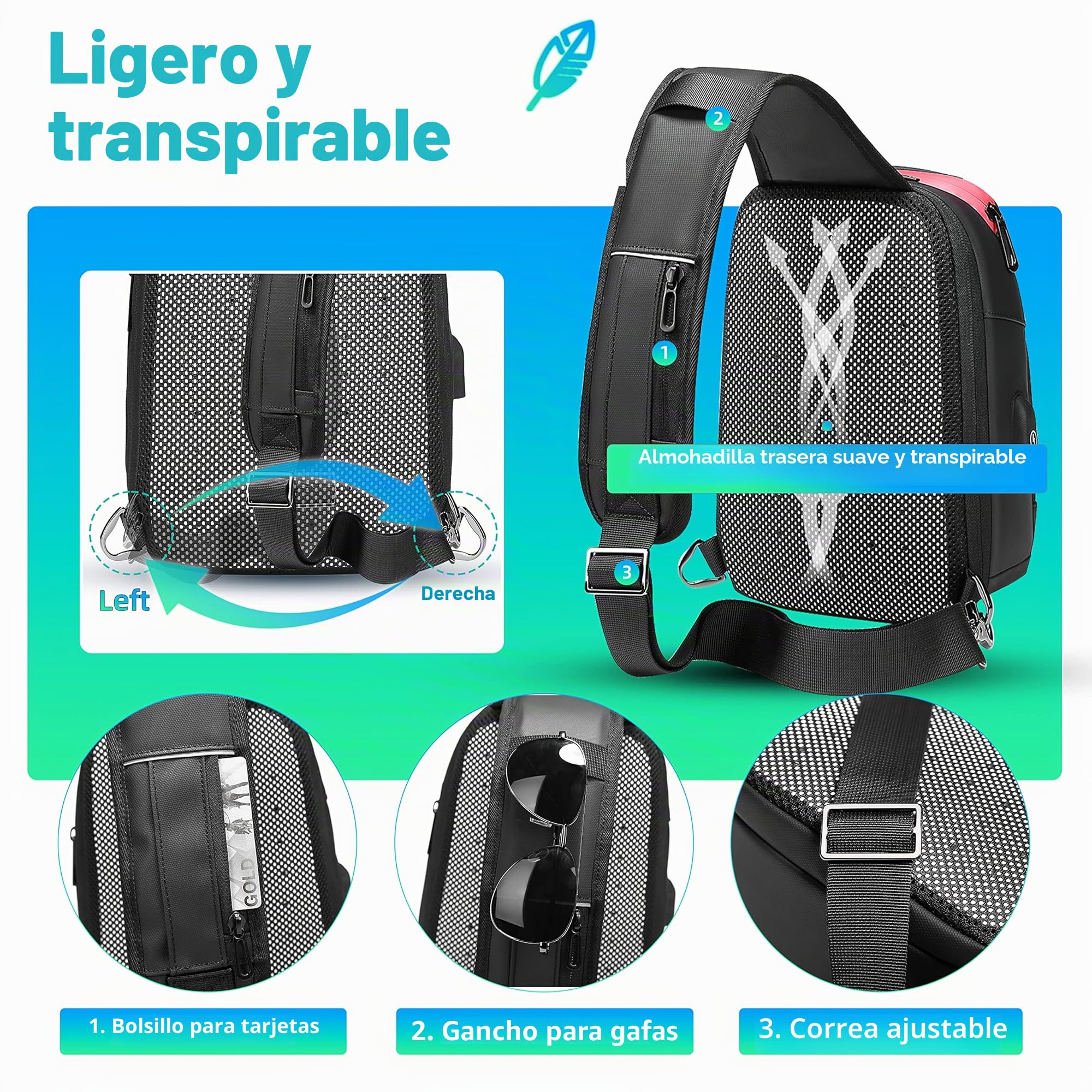 Mochila Cruzada Hombre Bolso Pecho Impermeable 7,9" Bandolera Cruzada con USB Bolso Práctico Para Viaje Deporte Oficina Unversidad-Negro
