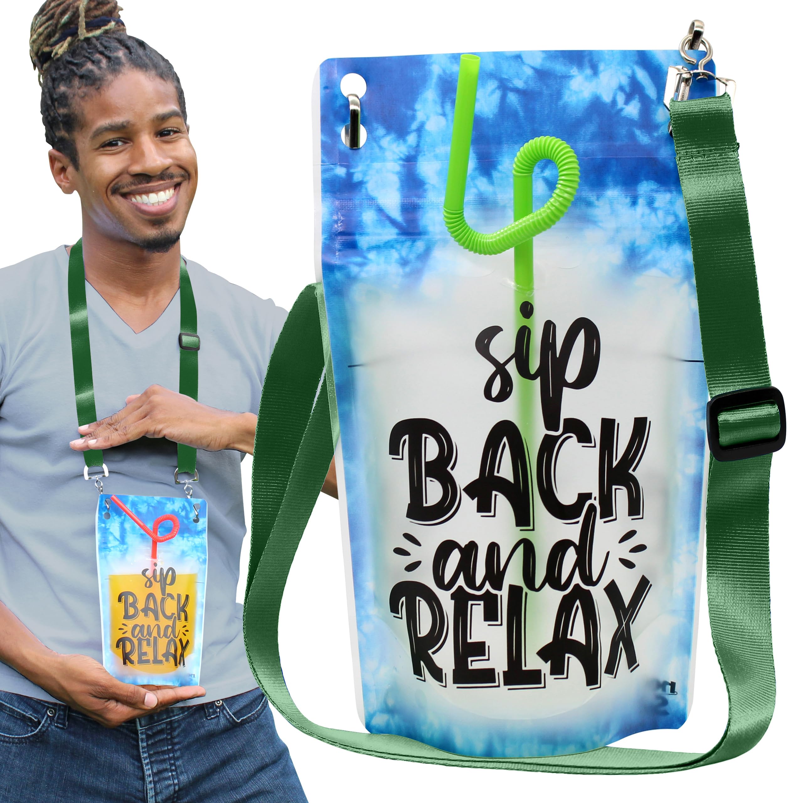 Sip Back Relax NeckSip® Wearable Drink Pouches (12oz, 2pk, Beads or Lanyards) Ideal for Summer Music Festivals, Tropical Vacations, Beach Parties,