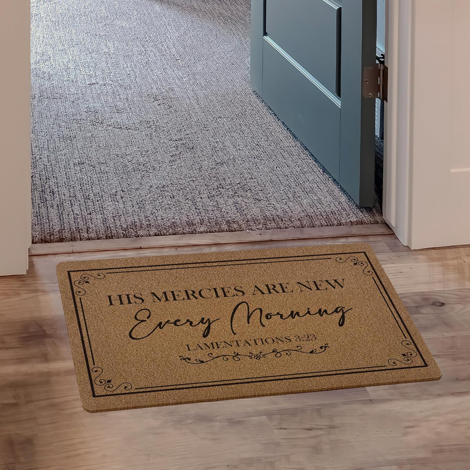 Christian Door Mat, His Mercies are New Every Morning Bible Verse Artificial Coir Front Door Mat Indoor Outdoor Entrance, Scripture Doormat Rug for Porch Entryway Patio Prayer Decor, 17X30 Inch