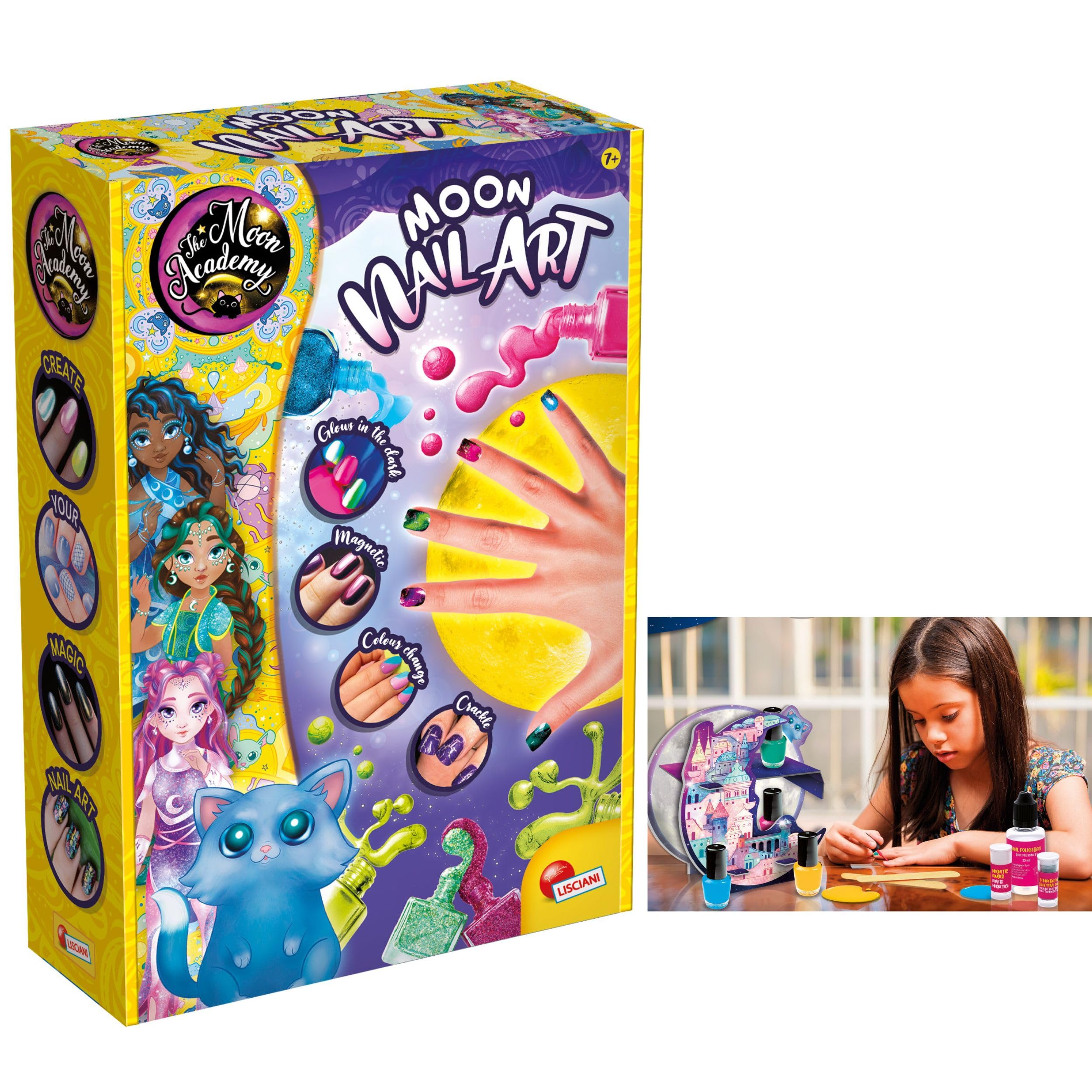 Lisciani - MOON ACADEMY - Magic Manicure Kit for Children aged 7 and over - Phosphorescent, Magnetic and Crackle Nail Polish - Children's Nail Polish Set - Manual Activity - Gift Idea