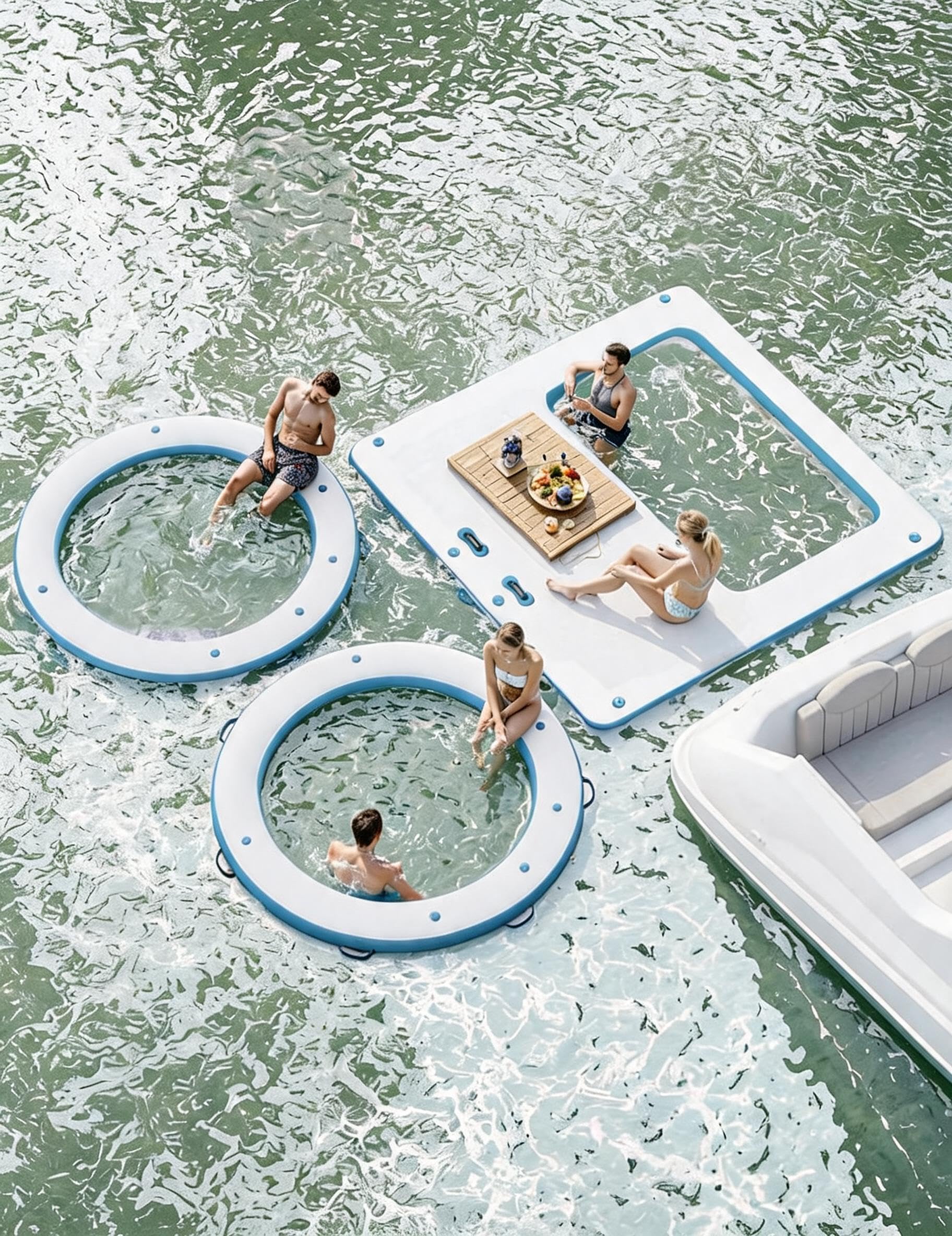 3 x 3 m Heavy Duty Gonfiabile Piattaforma di bacino galleggiante | Con amaca e trampolino in rete, piattaforma antiscivolo in EVA, scala in corda staccabile, zattera d'acqua per lago, piscina