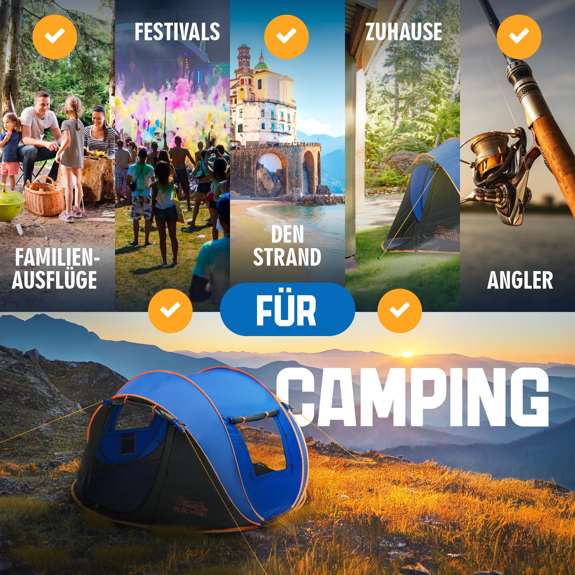 Burgwerk Wurfzelt für 3-4 Personen | 2 Sekunden Aufbau | 4000mm Wassersäule & UV-Schutz 50+ | Pop Up Zelt 3 Personen Wasserdicht Nachtblaue Schlafkabine | Verstärkte Heringe | Outdoor Camping Zelte