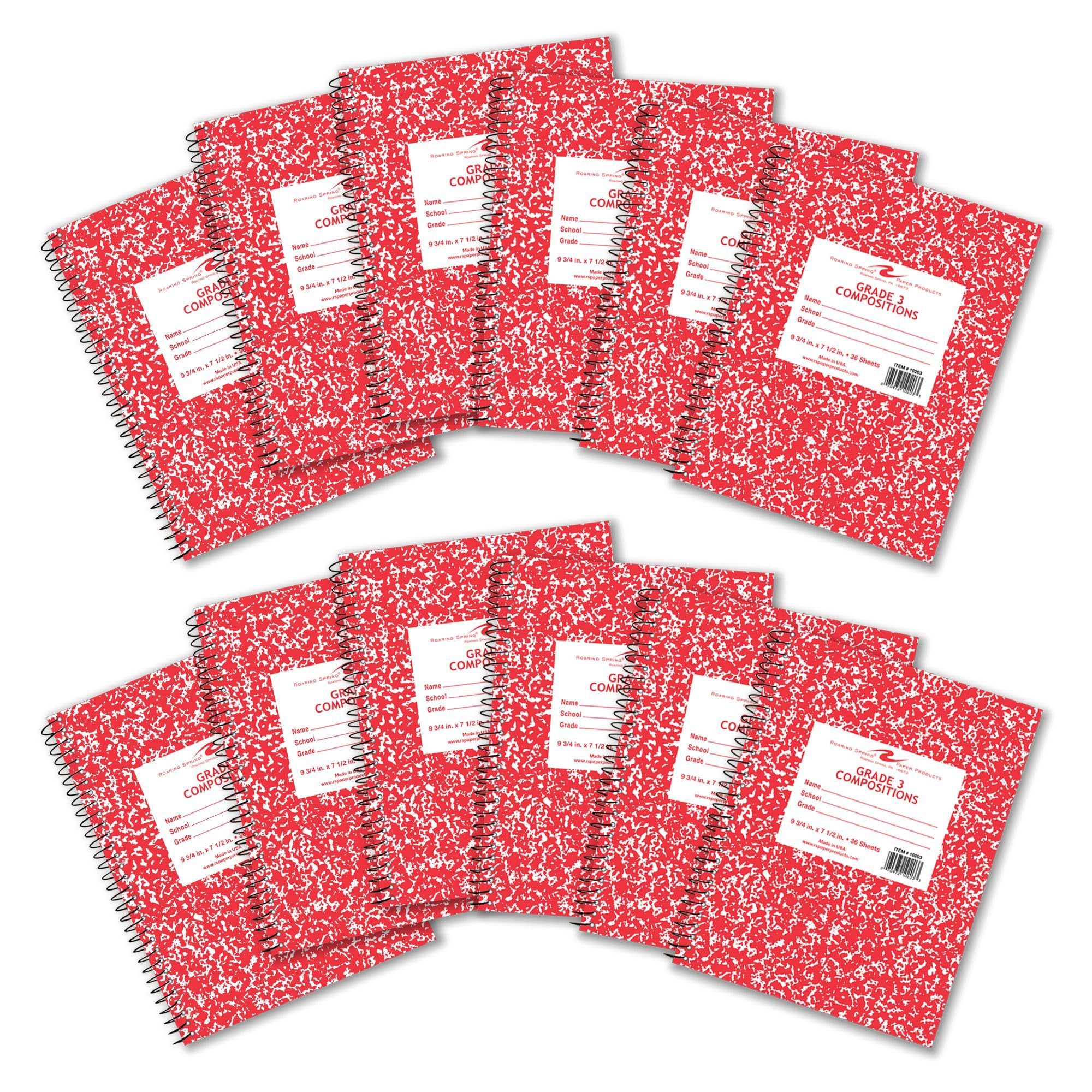 Roaring Spring Cuadernos de composición en espiral de grado 3, paquete de 12, para clases de tercer grado, 9.75 x 7.5 pulgadas, 80 hojas, papel blanco de 15 libras, práctica de escritura y caligrafía