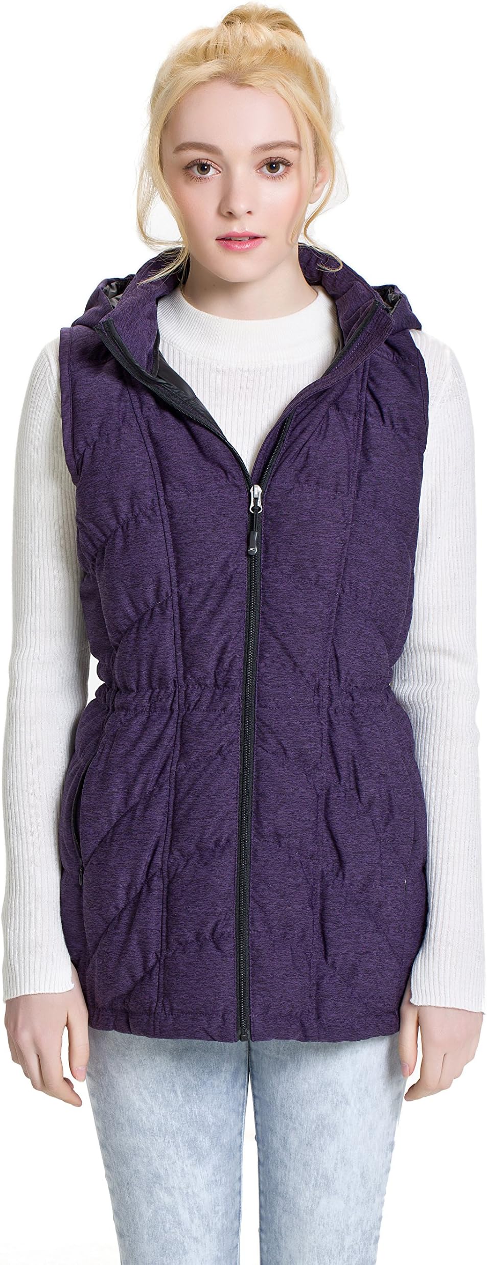 XPOSURZONE Women Long Down Stretch Knit Vest Outdoor Puffer Vest with Detachable Hood