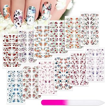 168 Pcs 12 Sheets Full Wraps Nail Polish Stickers Flower Print Self-Adhesive Nail Decal Strips with File Manicure Kits Colorful Flower Full Cover Decal Strips for Women DIY DecorationBright Style