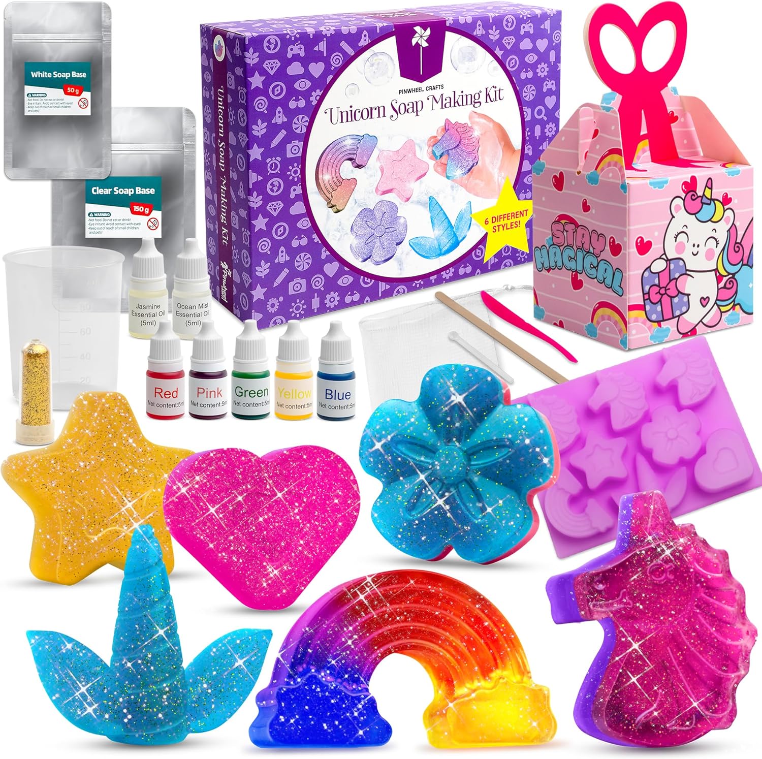 Pinwheel Crafts DIY Soap Making Kit for Kids Ages 5 6 7 8-12+ with Molds, Scents, Dye, Glitter, Foaming Net - Unicorn Soap Making Kits for Adults Beginners Great for Science Projects and Crafts