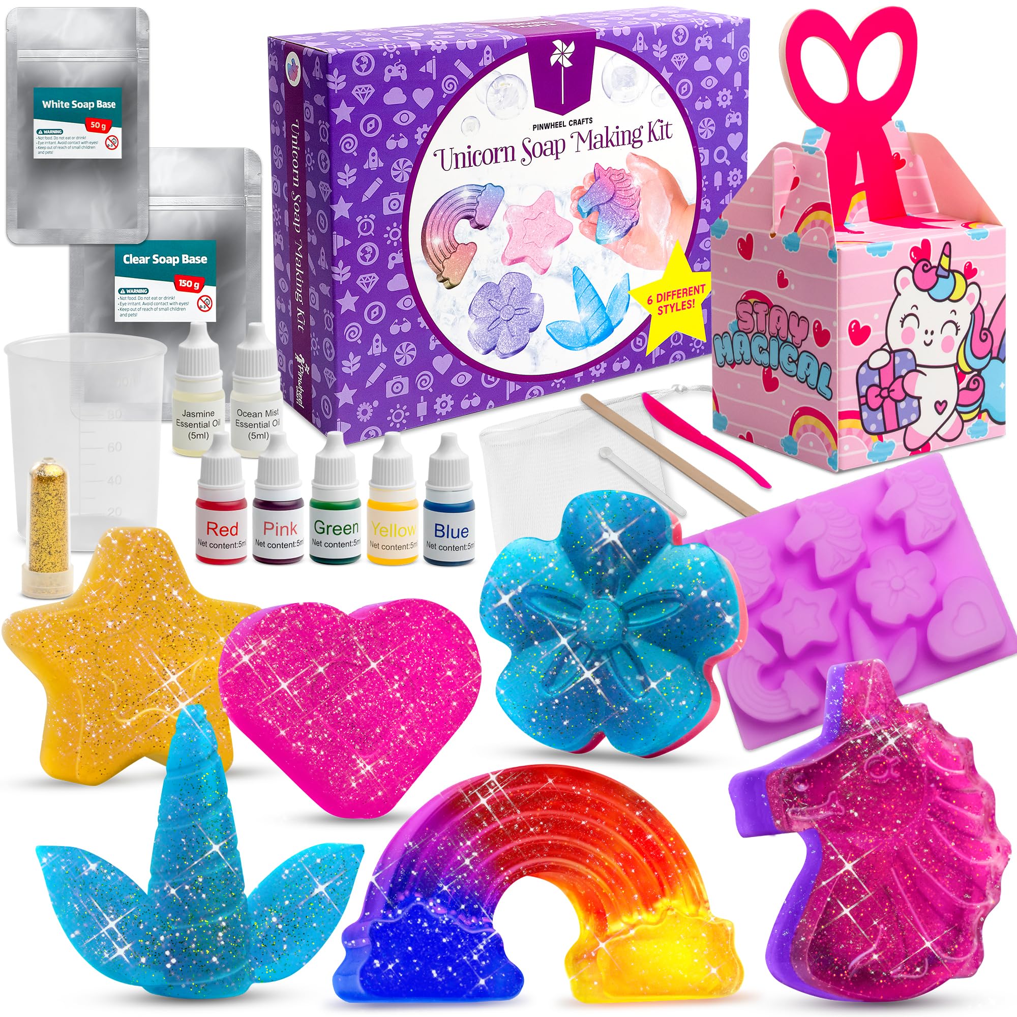 Pinwheel Crafts DIY Soap Making Kit for Kids Ages 5 6 7 8-12+ with Molds, Scents, Dye, Glitter, Foaming Net - Unicorn Soap Making Kits for Adults